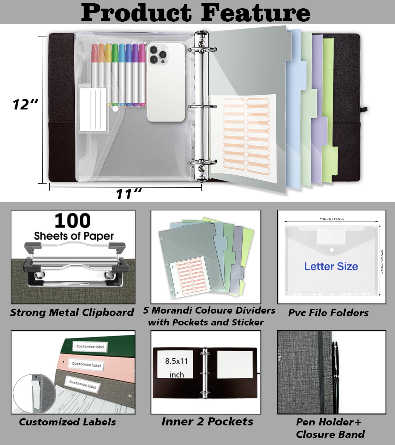 Premium 2 Inch 3-Ring Binder with Clipboard - Linen Leather Organizer for Letter Size Paper, Includes 5 Tab Dividers, Transparent Folder, File Labels, Pen Loop & Elastic Strap (Dark Grey) - Perfect for Office, School, Business Meetings & Document Organization