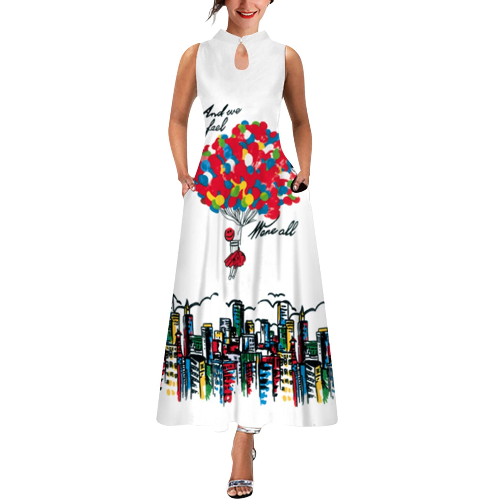 Women's Floral Print Sleeveless Maxi Dress - Boho Beach Sundress with Stand Neck, Loose Fit, Red - Perfect for Summer Vacations, Beach Outings & Casual Wear