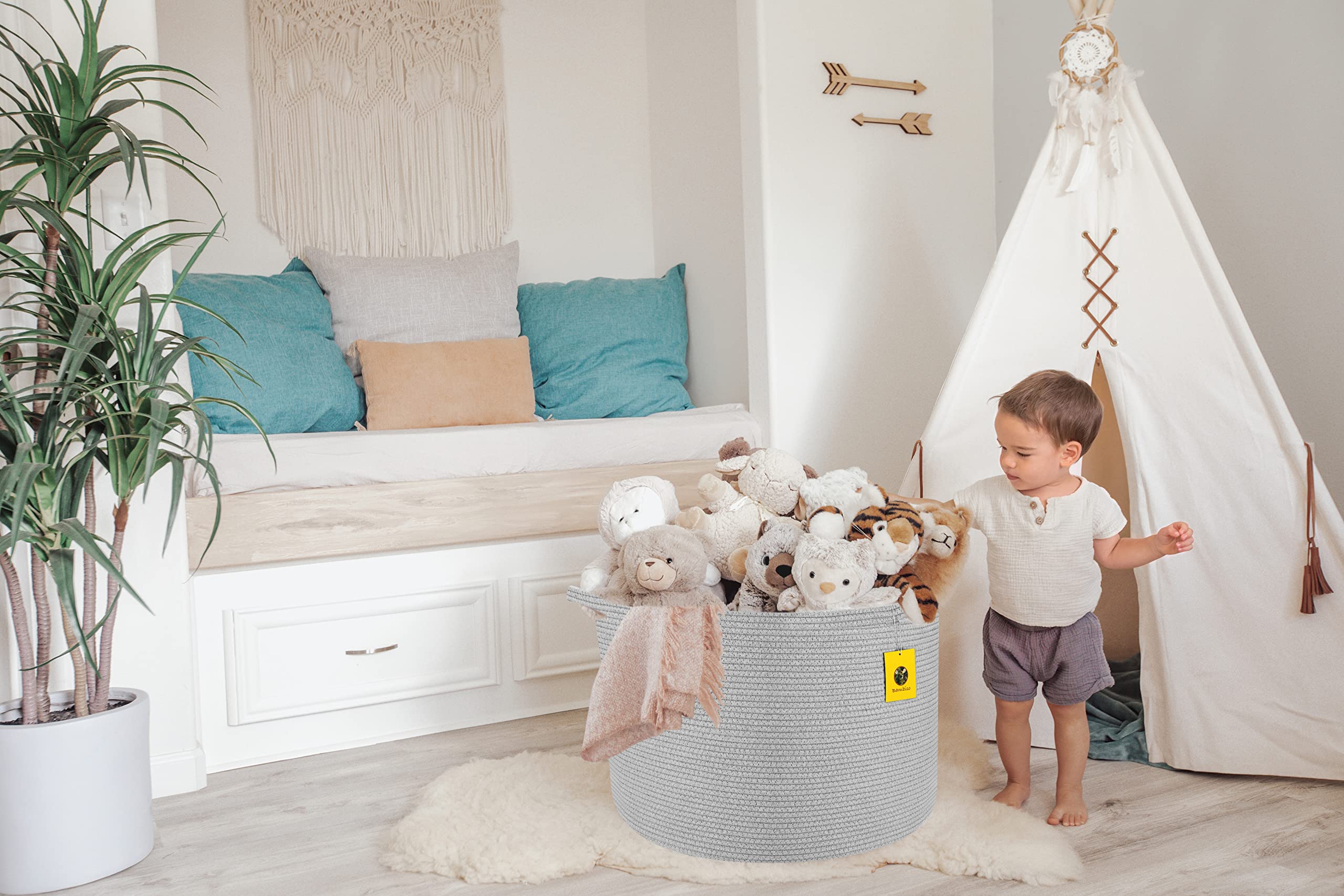Large Cotton Rope Storage Basket 22x22x16 Inches - Light Grey Woven Hamper for Blankets, Toys, Laundry | Nursery Organizer & Home Decor Basket | Perfect for Bedroom, Playroom or Bathroom Storage