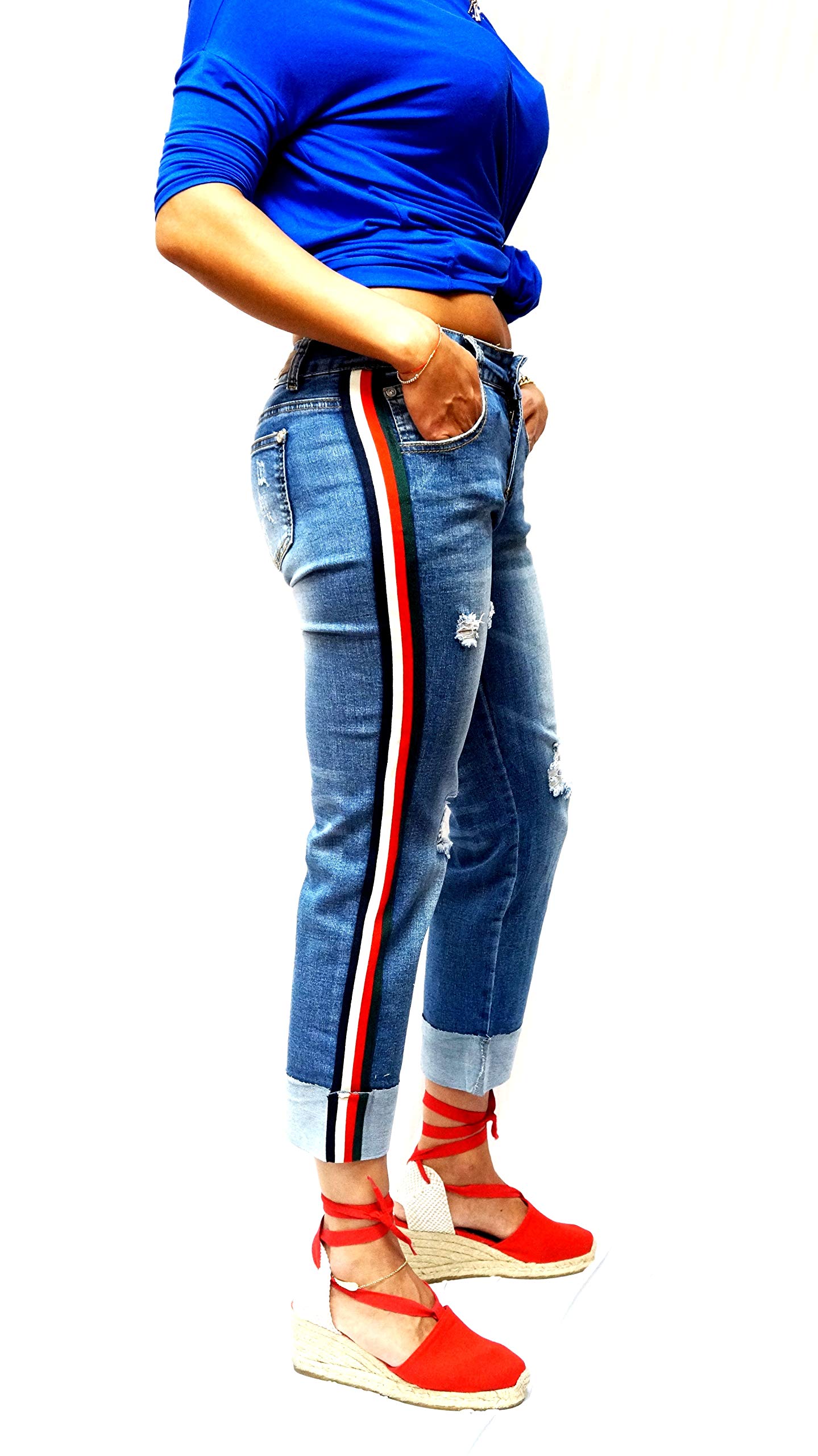Trendy Women's Distressed Side Stripe Mom Jeans - High Waisted Stretch Denim Pants for Casual Wear, Street Style & Everyday Outfits