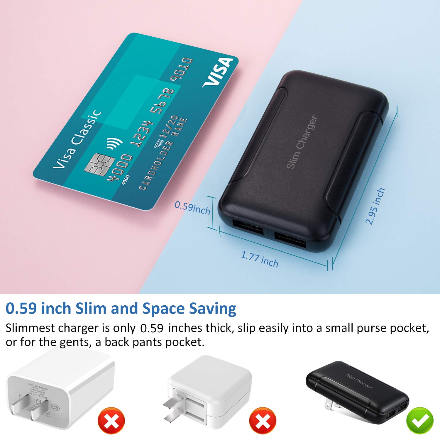 Pofesun 2-Pack 15W Slim Flat USB Wall Charger with Foldable Plug - Dual Port 3A Fast Charging Adapter for iPhone 16/15/14/13/12/11 Pro Max, Samsung Galaxy, LG - Perfect for Travel, Home & Office Use (Black)