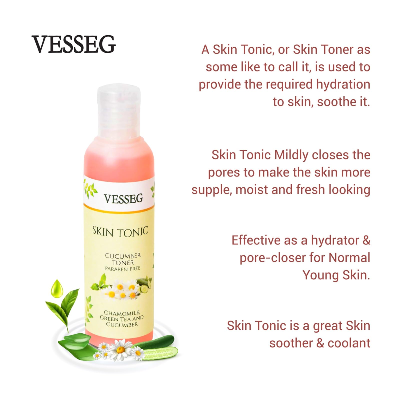 VESSEG Cucumber Facial Toner - Alcohol-Free, Paraben-Free Skin Tonic with Chamomile & Green Tea Extract (120ml) | Hydrating & Soothing for Dry, Sensitive Skin | Daily Skincare Routine, After Sun Care, Post-Shave Treatment