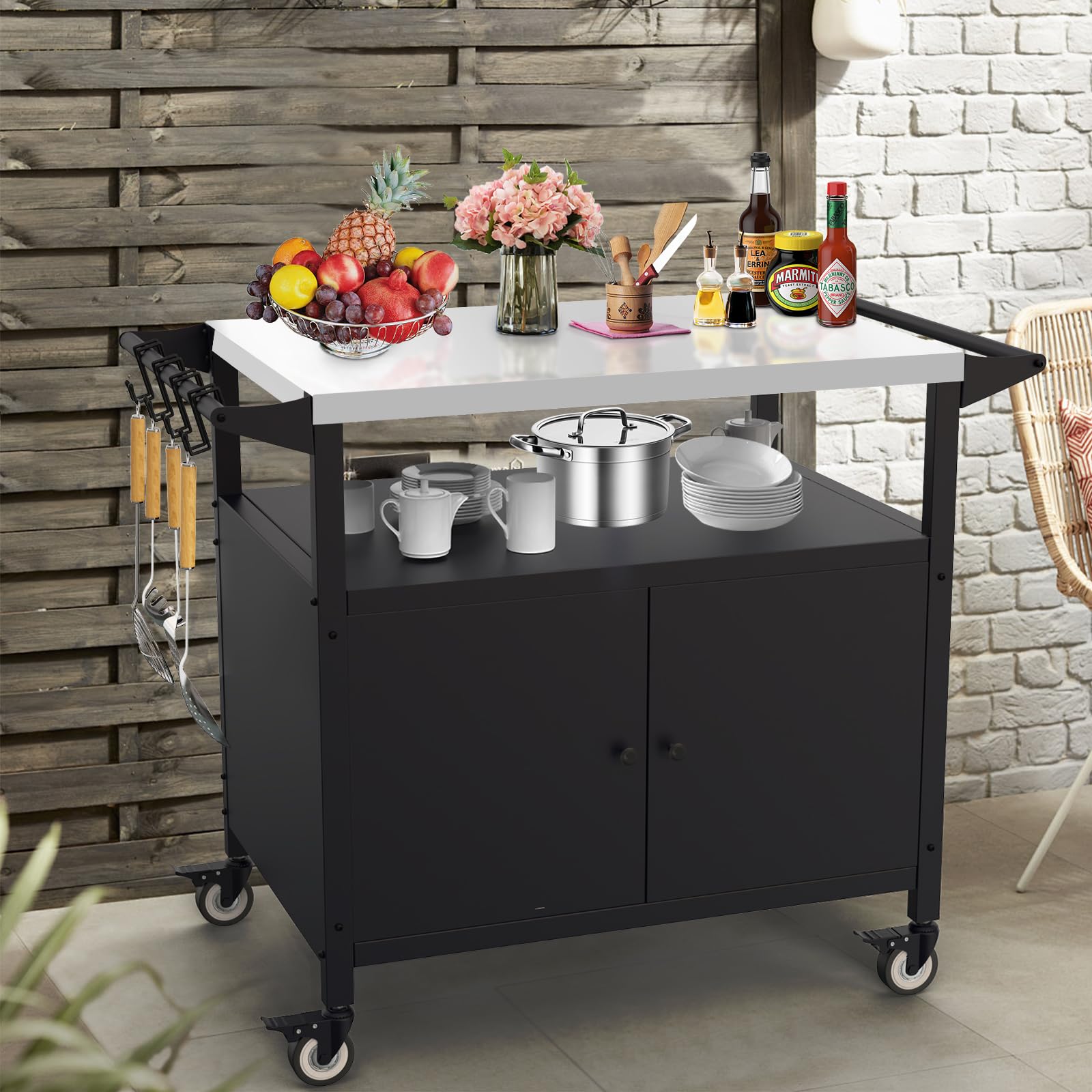 Stainless Steel Outdoor Grill Table with Storage - Blackstone Griddle Stand & BBQ Serving Cart with 4 Utensil Hooks | Rolling Bar Cart for Outdoor Kitchen, Patio, Backyard & Camping Cooking