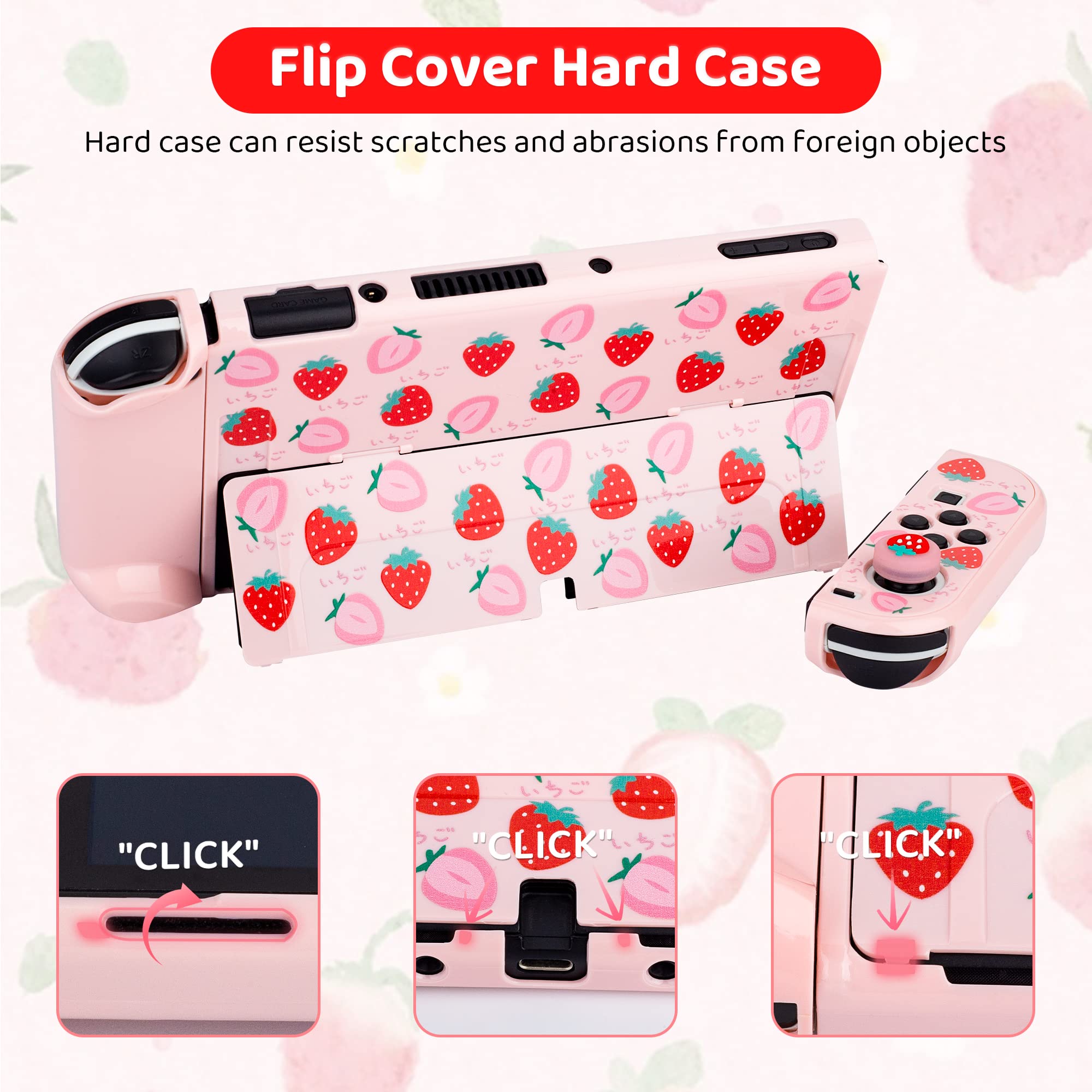 FUNDIARY Pink Nintendo Switch OLED Travel Carrying Case with Strawberry Design - Shockproof Hard Shell, Portable Storage Bag, Shoulder Strap, Screen Protector & 2 Thumb Grips - Perfect for Gaming on the Go, Travel Protection & Console Storage