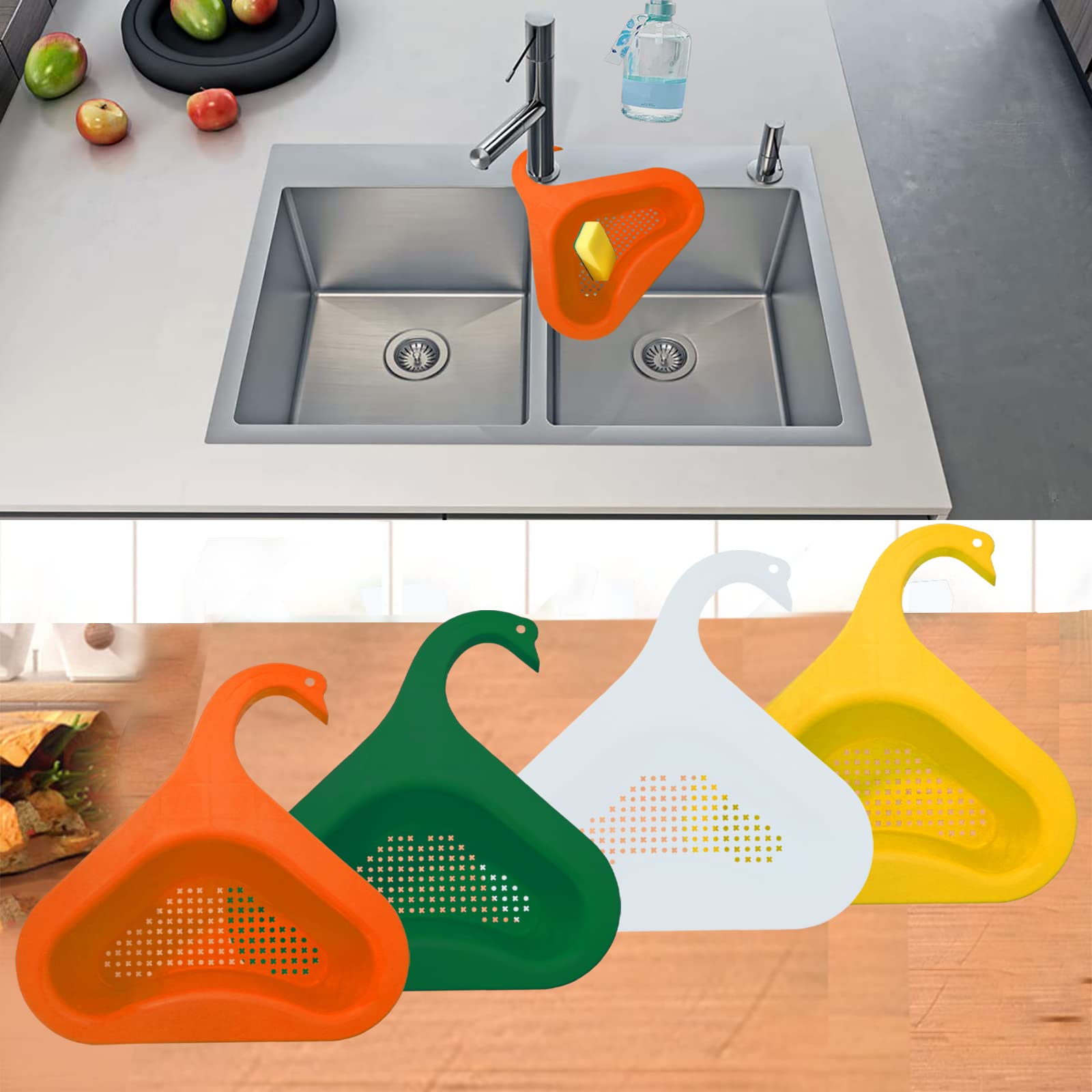 Swan Drain Basket for Kitchen Sink - 4 Pack Multifunctional Triangle Sink Filter, Vegetable & Fruit Drainer Rack, Kitchen Waste Drainer Basket - Perfect for Washing Produce, Draining Dishes, and Organizing Sink Area