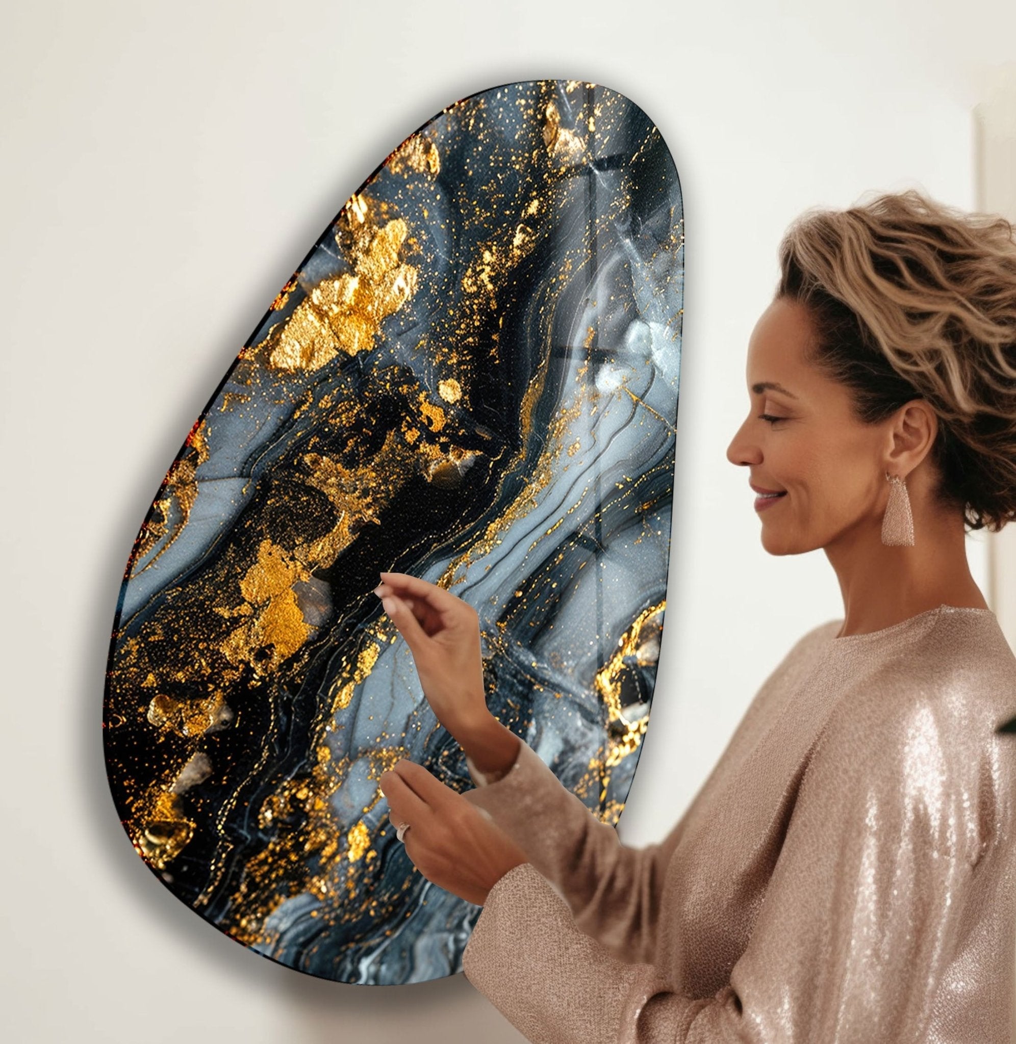 Modern Asymmetrical Oval Glass Wall Art with Black & Gold Accents - Elegant Home Decor for Living Room, Bedroom, or Office