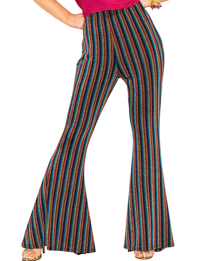 70s Rainbow Sparkle Disco Fever Women's Flare Pants - Retro High Waisted Bell Bottom Jeans for Dance Parties & 70s Theme Events