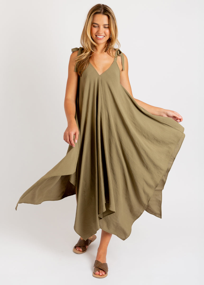Ellio Women's Olive Ash Green Casual Dress - Perfect for Office, Date Night & Summer Outings