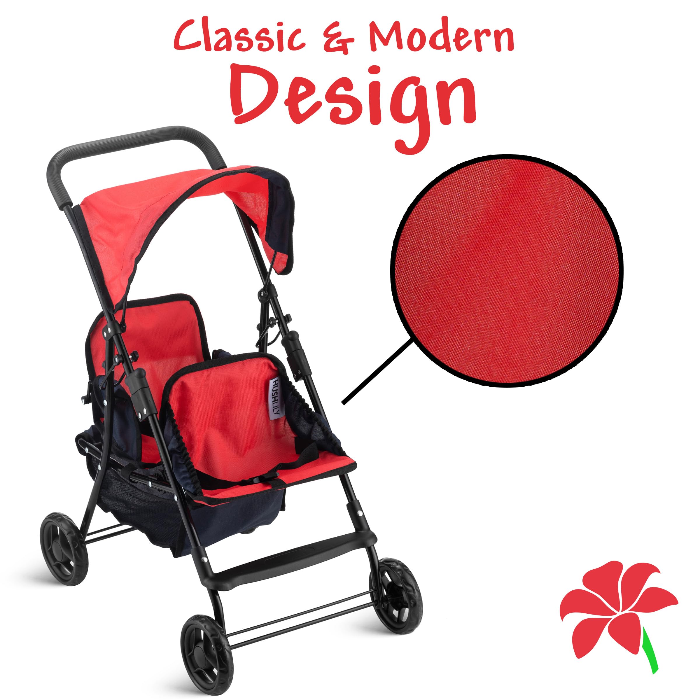 Hushlily® Tandem Double Doll Stroller for Kids - Adjustable Canopy & Storage Basket, Foldable Design with Smooth Rolling Wheels - Perfect for Indoor Play, Outdoor Walks & Doll Care Pretend Play (Red & Blue)