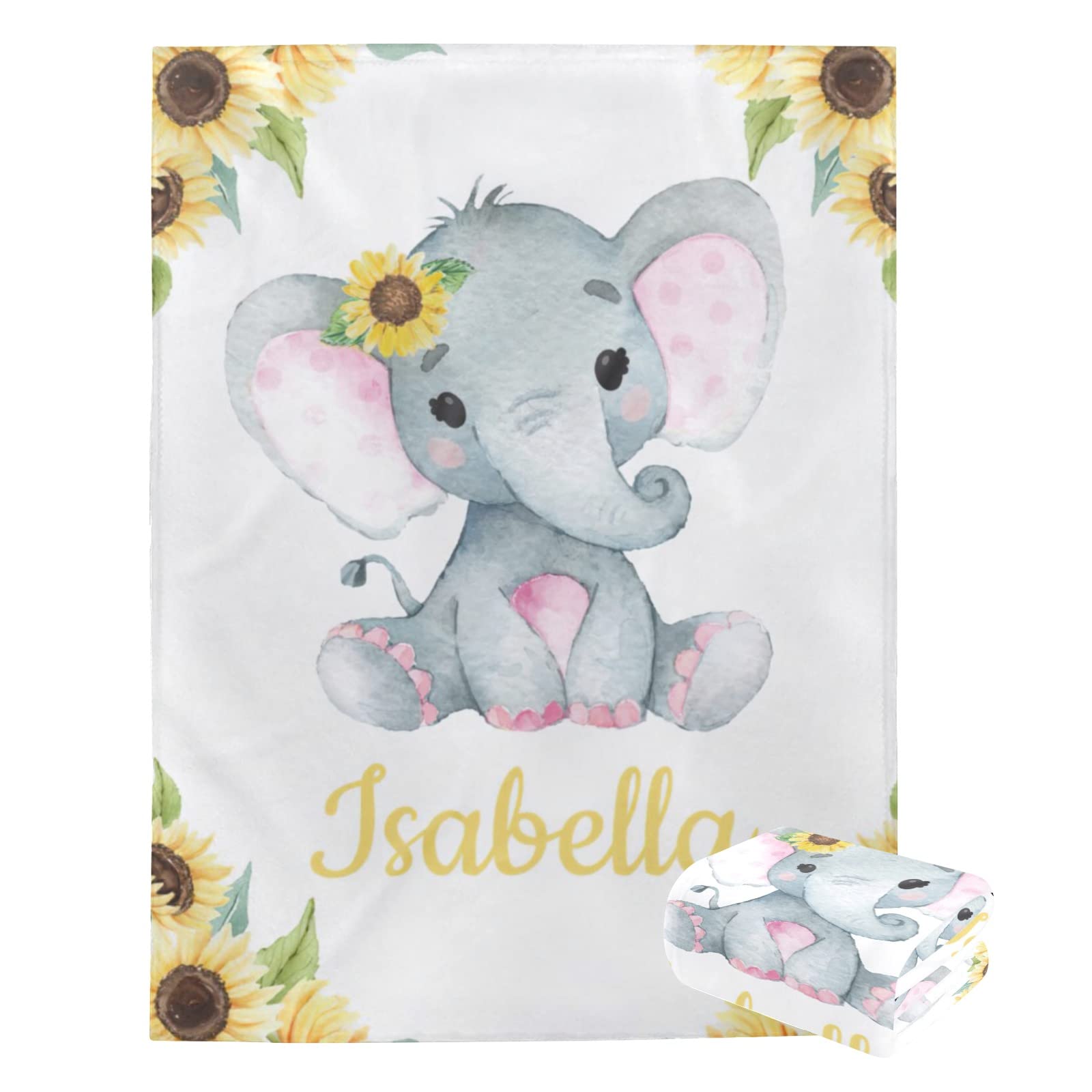 Personalized Baby Swaddle Blanket with Name - Custom Sunflower Elephant Design for Newborns - Soft Lightweight 30x40 Inch Baby Gift for Boys & Girls - Perfect for Nursery, Photo Shoots & New Mom Gifts