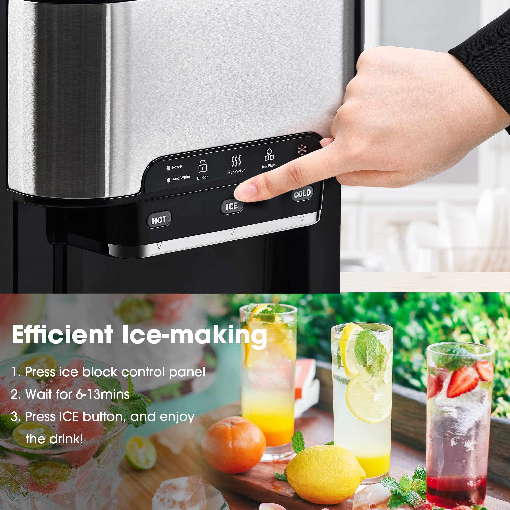 Automatic Countertop Ice Maker with Water Dispenser - 6-Minute Quick Ice Making, Hot & Cold Water Options, Top Loading & Bottleless Design - Perfect for Home, Office, and RV Use