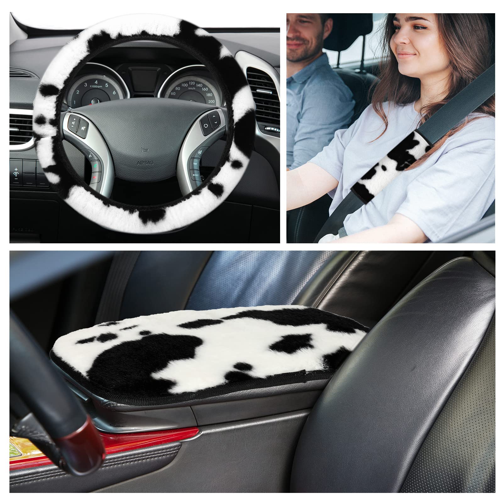 Plush Cow Print Car Seat Covers Set - Warm Winter Accessories for Christmas Decor