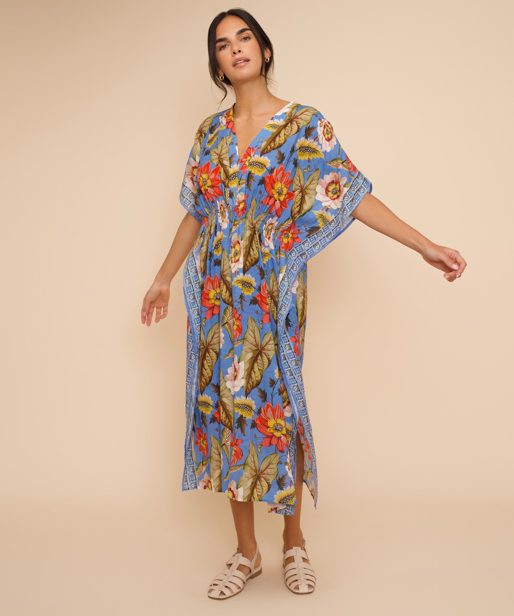 Elegant Floral Print Maxi Caftan Dress for Women - Summer Beach Cover Up, Boho Chic Loungewear, Poolside Party Outfit
