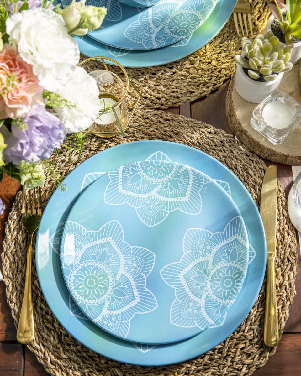 12-Piece La La Mandala Melamine Dinnerware Set - Ombre Blue Plates & Bowls for Outdoor Picnics, Parties, and Durable Everyday Use