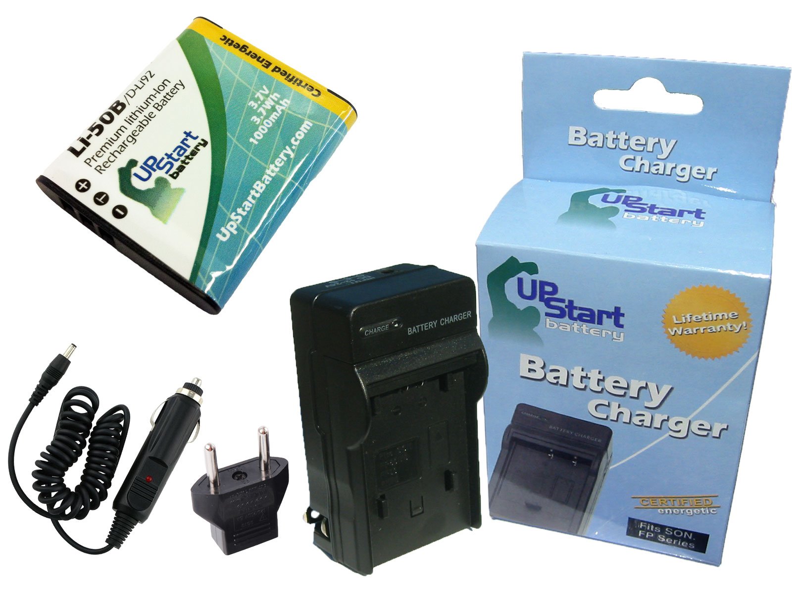 Olympus SP-815UZ Replacement Battery & Charger Kit - 1000mAh LI-50B Compatible Lithium-Ion Battery with Car Plug & EU Adapter - Perfect for Travel Photography & Outdoor Shooting