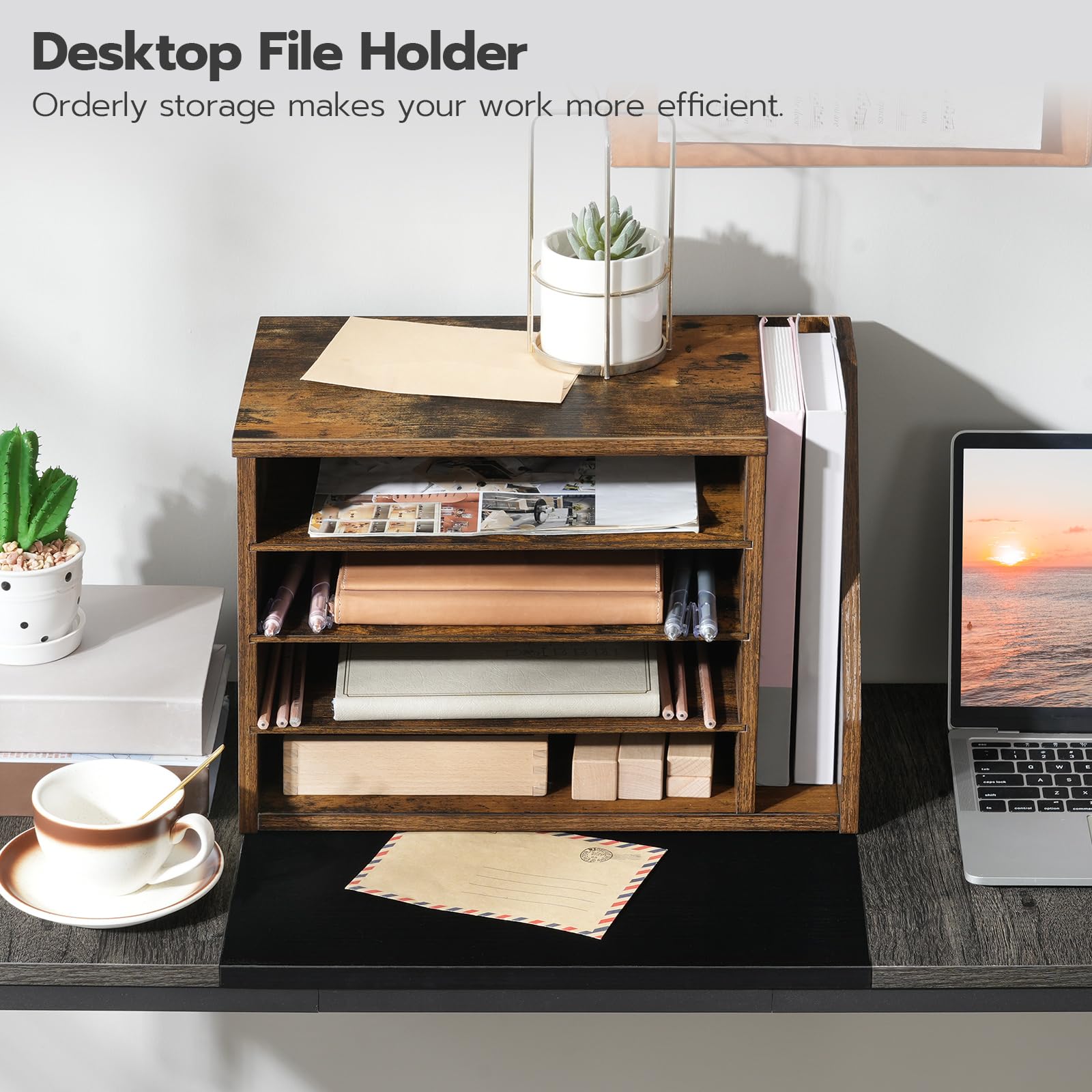 HOOBRO Wooden Mail Sorter with Adjustable Shelves - Rustic Brown Literature Organizer for Office & Home - Paper & Magazine File Holder - Perfect for Desk Organization, Mail Sorting & Document Storage
