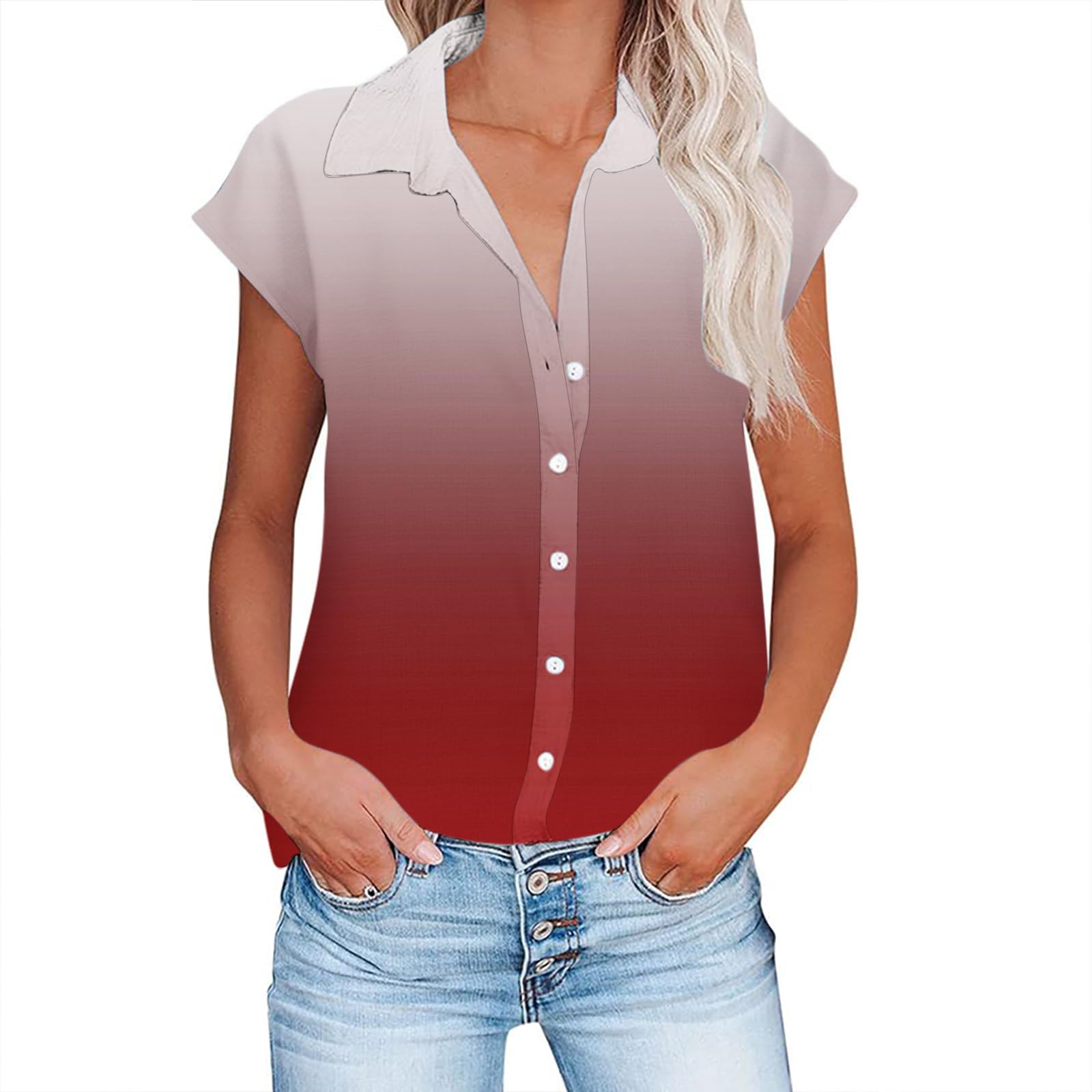 Women's Cap Sleeve Gradient T-Shirt - Summer Basic Button Down Lapel Tee - Loose Fit Casual Top for Lounge, Beach, Travel & Everyday Wear