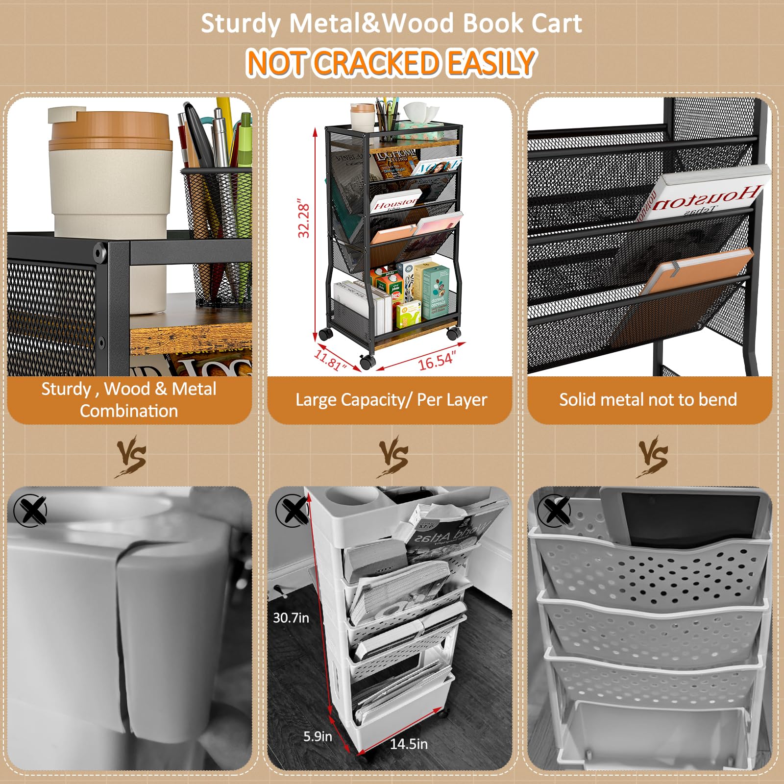 8 Tier Rolling Book Cart with Wheels - Mobile Book Storage Organizer with 2-Sided Access for Home, Office, Classroom & Library - Compact Bookcase for Narrow Spaces - Perfect for Organizing Books, Files & Supplies in Small Rooms