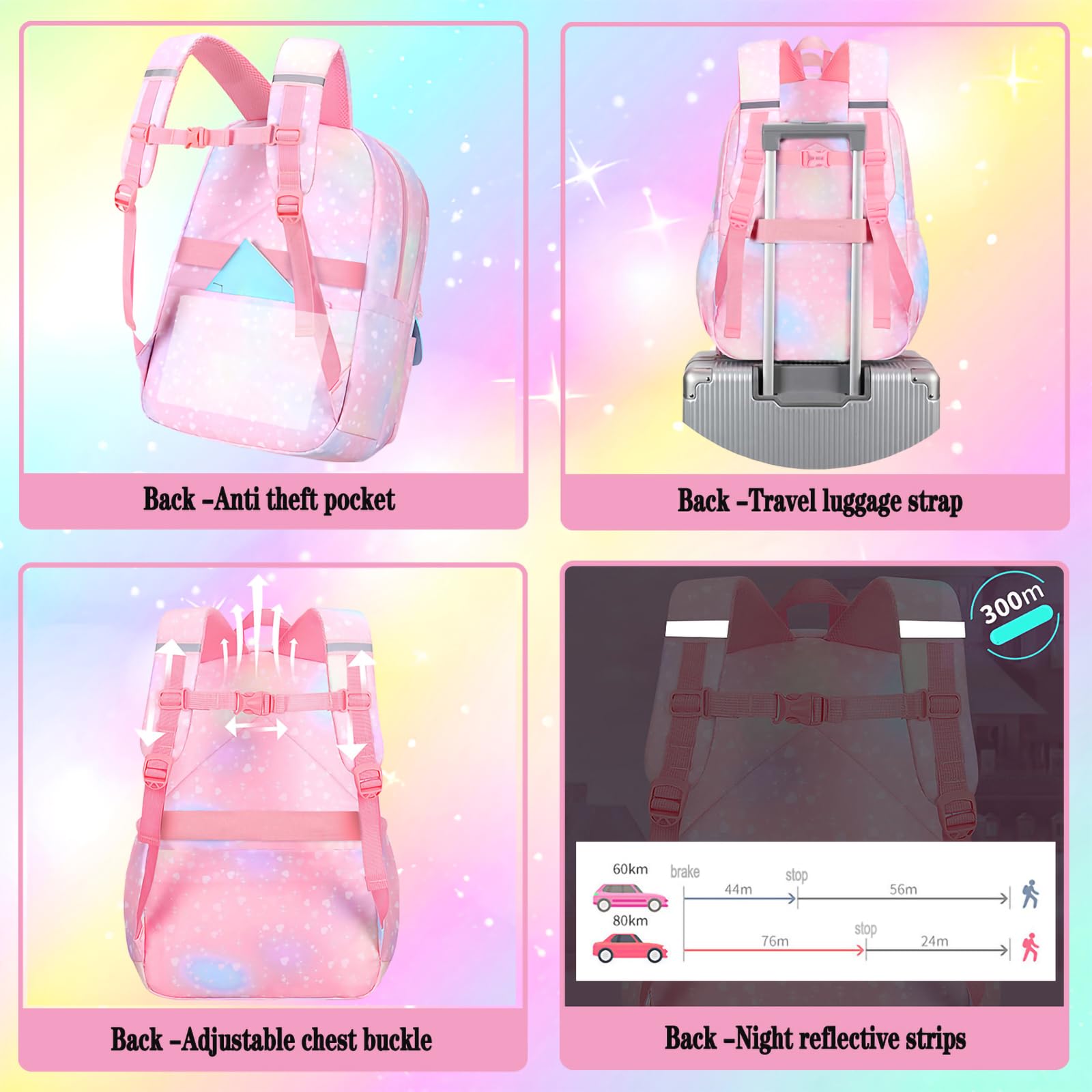 3Pcs Kids Backpack Set for Girls - Cute Rainbow School Backpack with Lunch Bag & Pen Case (Purple, Medium 16.5in) - Perfect for School, Travel & Daily Use