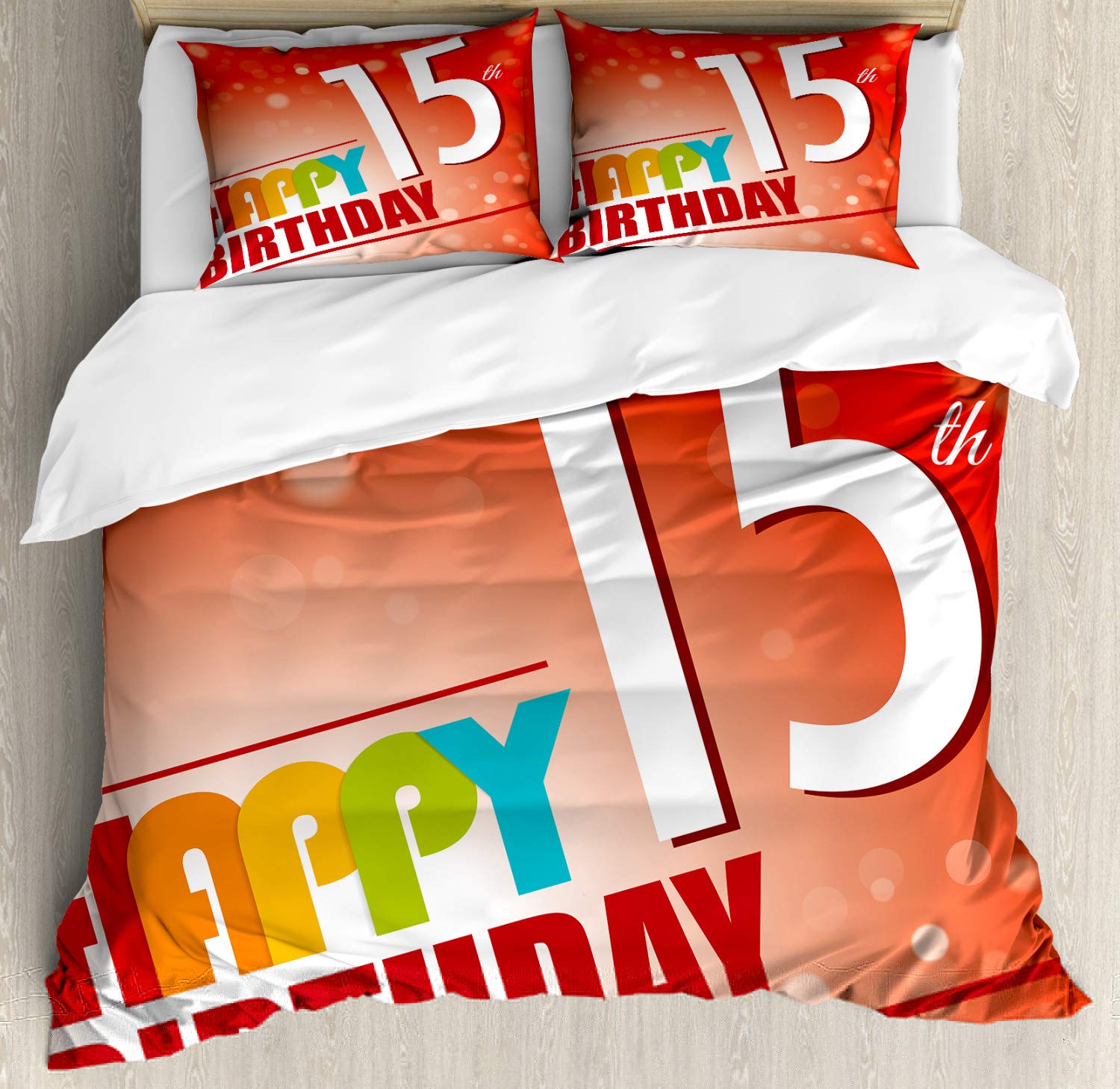Ambesonne 15th Birthday Duvet Cover Set - Colorful Retro Style California King 3-Piece Bedding with 2 Pillow Shams | Perfect for Teen Room Decor, Birthday Gifts & Themed Bedroom Makeovers