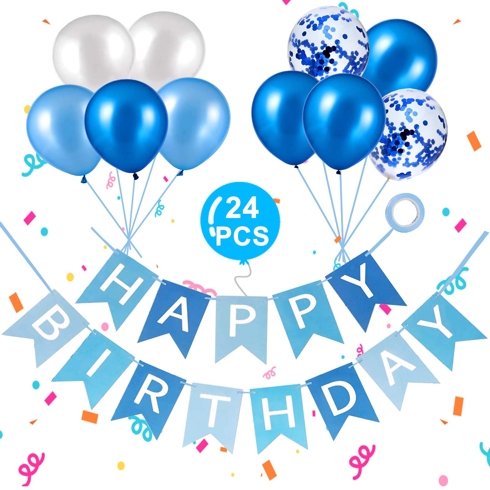 Blue Happy Birthday Banner with Latex Balloons & Confetti - Party Decor for Girls, Boys 1st 18th 21st 30th Birthday - Perfect for Indoor & Outdoor Celebrations, Photo Backdrops & Milestone Parties