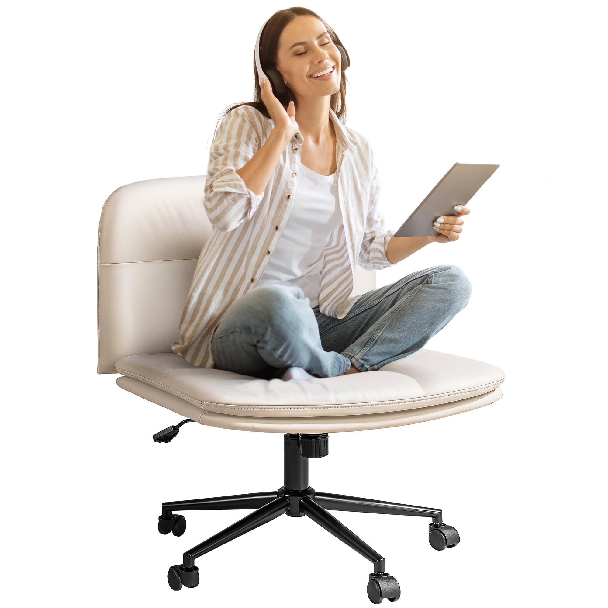 FLEXISPOT Cross Legged Office Chair - Armless Ergonomic Desk Chair with Wheels, Wide Comfortable Seat for Living Room, Bedroom & Study - Light Beige | Perfect for Home Office, Meditation & Relaxation