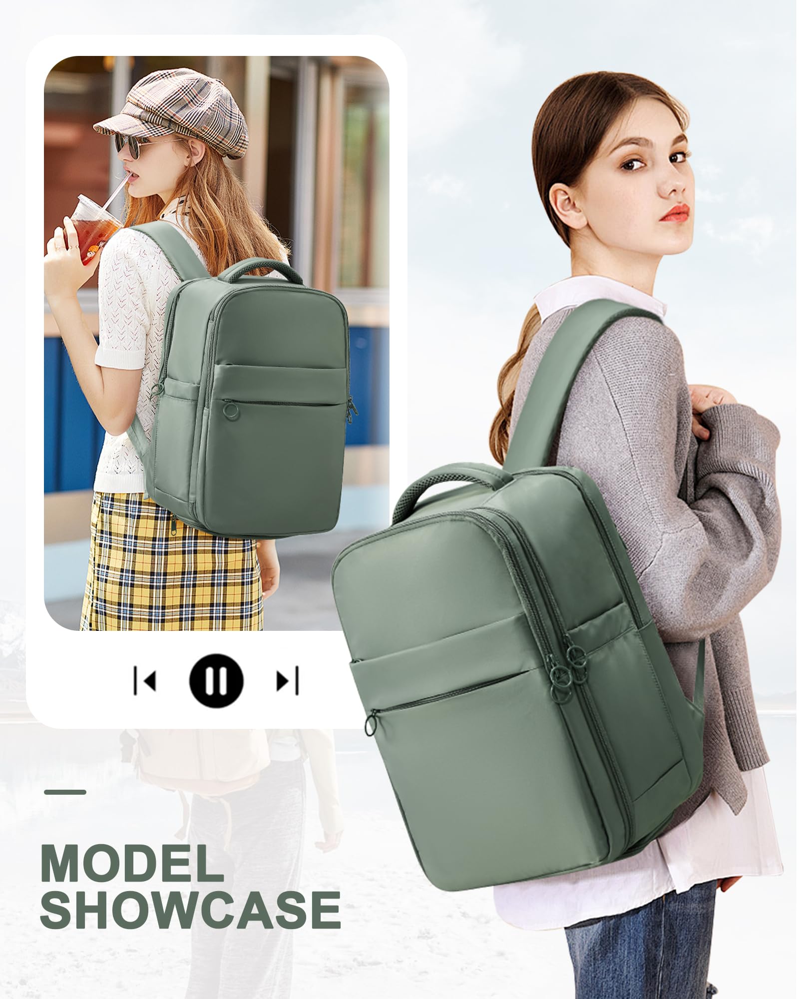 Women's Waterproof Travel Backpack - TSA Approved Carry On Backpack with Shoe Compartment & Flight Essentials | Perfect for Airplane Travel, Business Trips & Weekend Getaways | Green