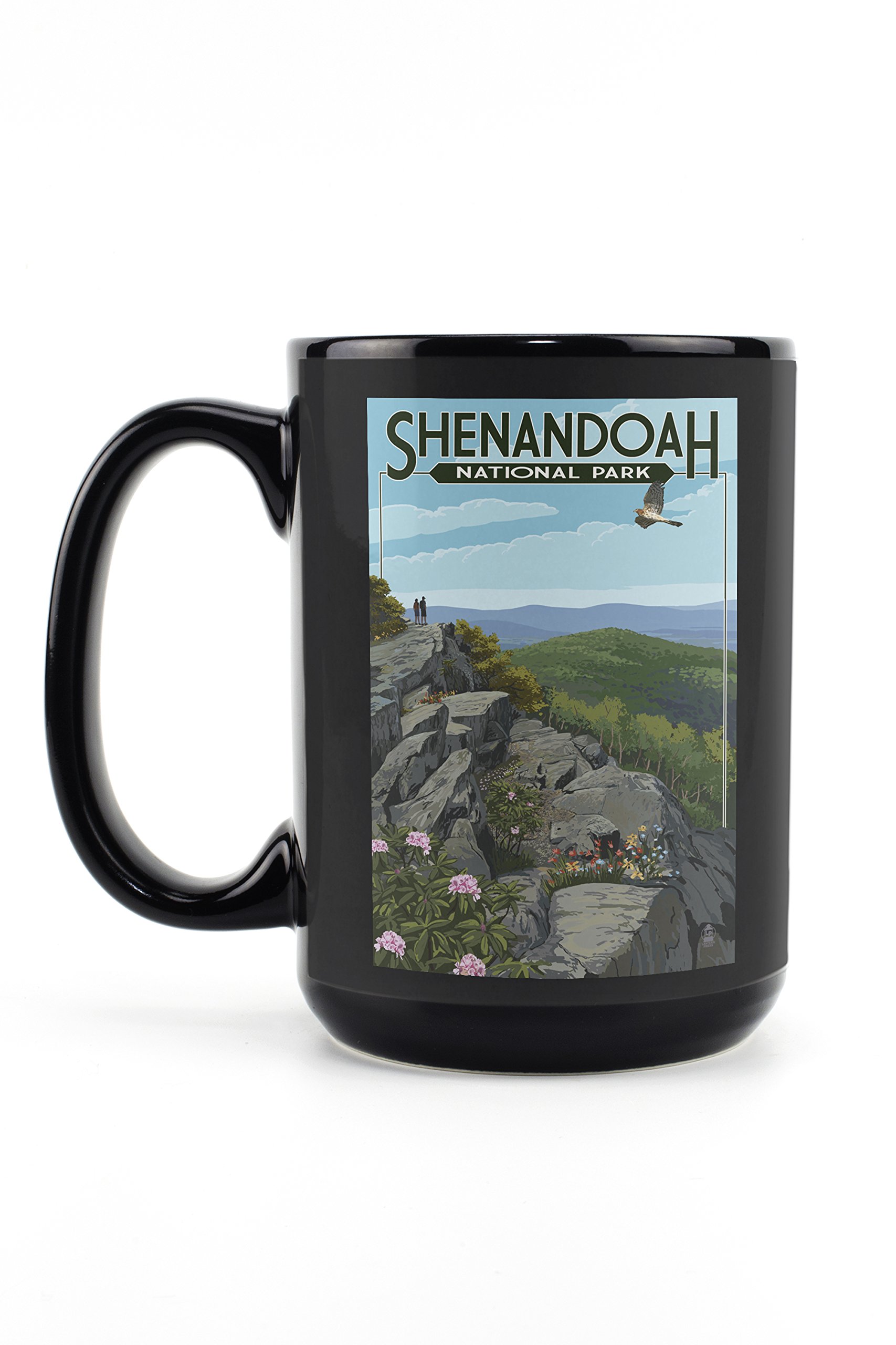 **Lantern Press Shenandoah National Park Virginia Hikers and Hawk - 15oz Black Ceramic Coffee Mug & Tea Cup - Dishwasher & Microwave Safe - Perfect for Camping, Hiking, and Outdoor Adventures**