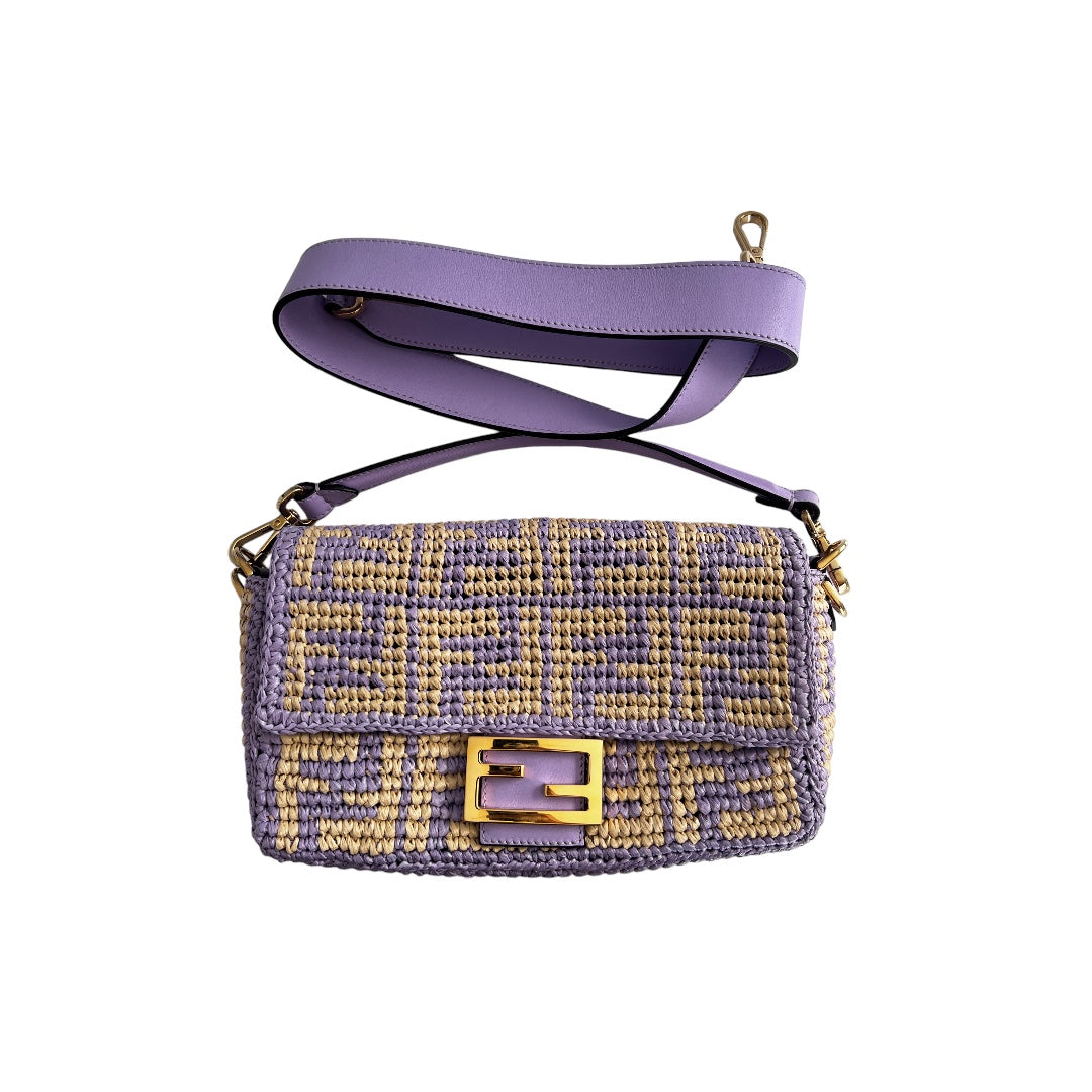 Fendi Violet Raffia Woven Baguette Bag - Stylish Crossbody Purse for Women, Perfect for Summer Outings, Beach Trips, and Casual Events