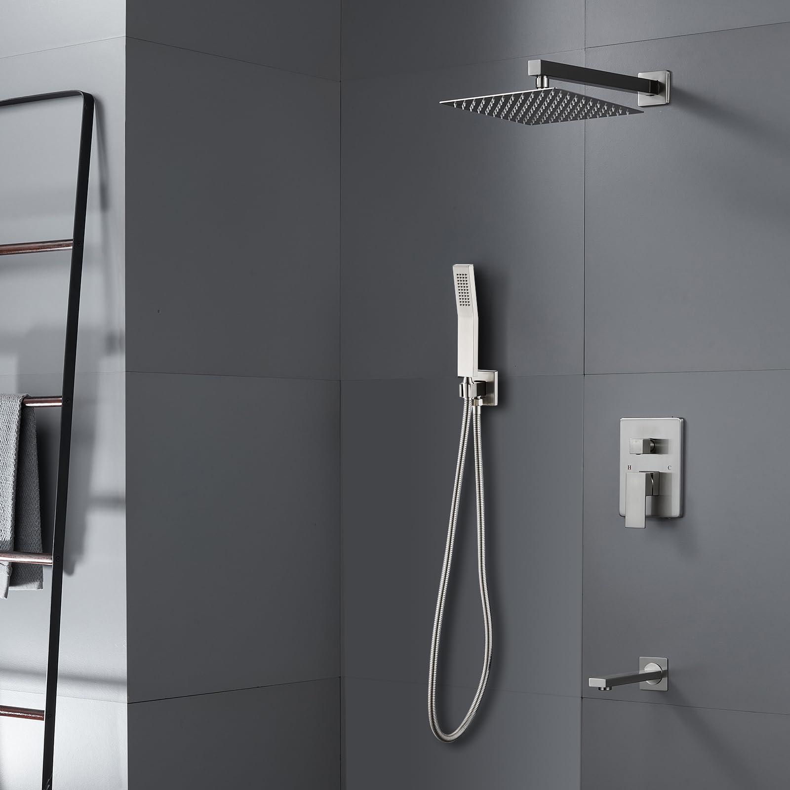 ROVATE 10 Inch Brushed Nickel Shower Faucet Set - 3-Function Bathroom Shower System with High Pressure Rainfall Shower Head, Handheld Spray & Tub Spout - Perfect for Modern Bathroom Renovations & Spa-Like Shower Experience