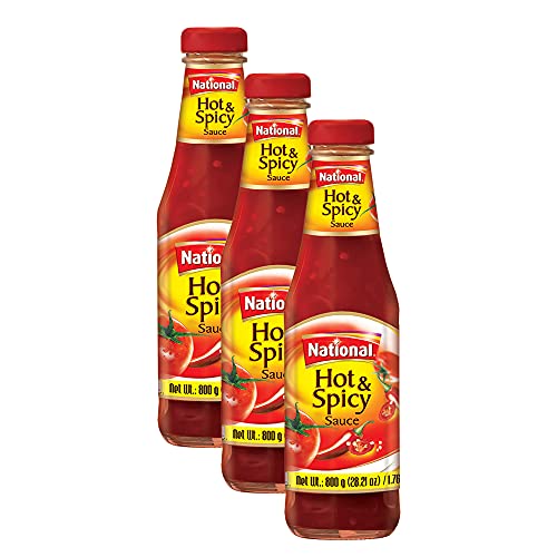 National Foods Hot & Spicy Sauce 28.22oz (800g) - Authentic Traditional Chili Sauce for Dipping, Cooking & Topping - Premium Glass Bottle Pack of 3 - Perfect for Tacos, Wings, Burgers & BBQ