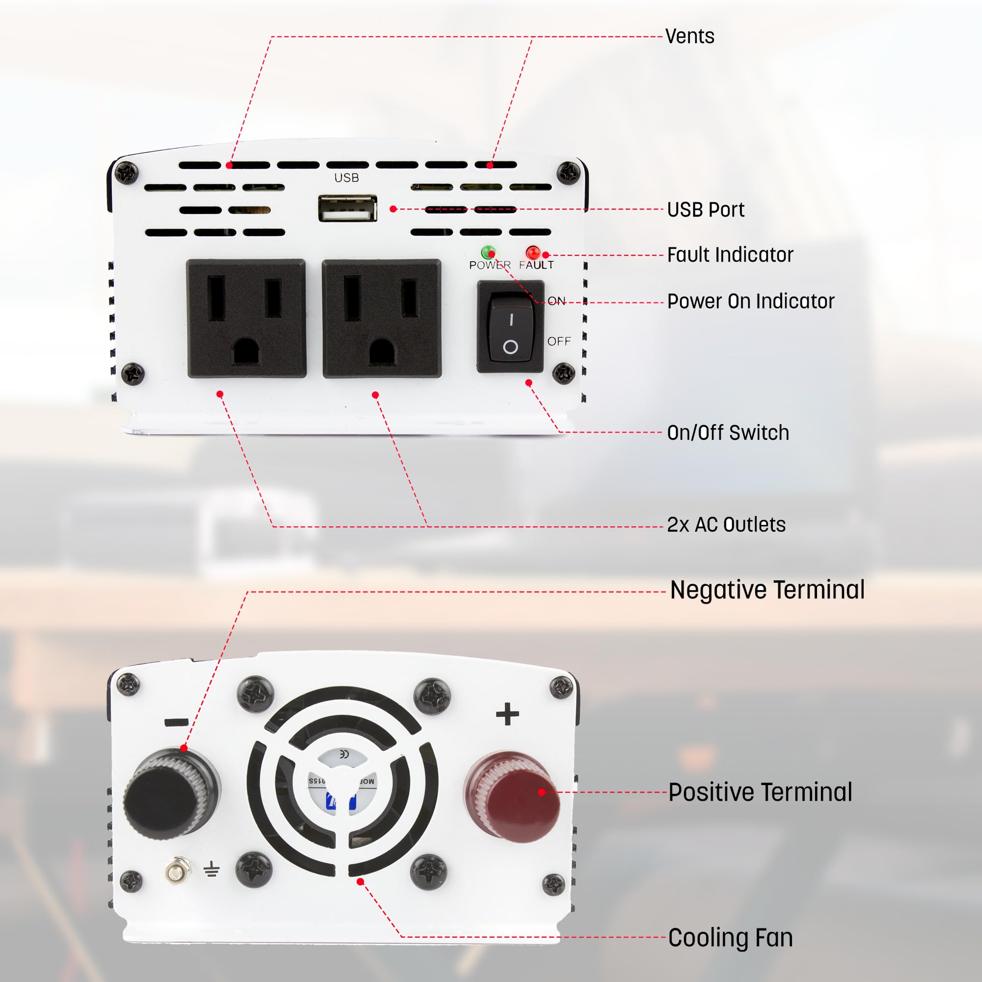 Wagan EL3718 800W TrueRated Power Inverter - DC 12V to AC 110V Converter with 2 Outlets & 2A USB Port - 1600W Surge for Cars, RVs, Boats & Outdoor Power Needs