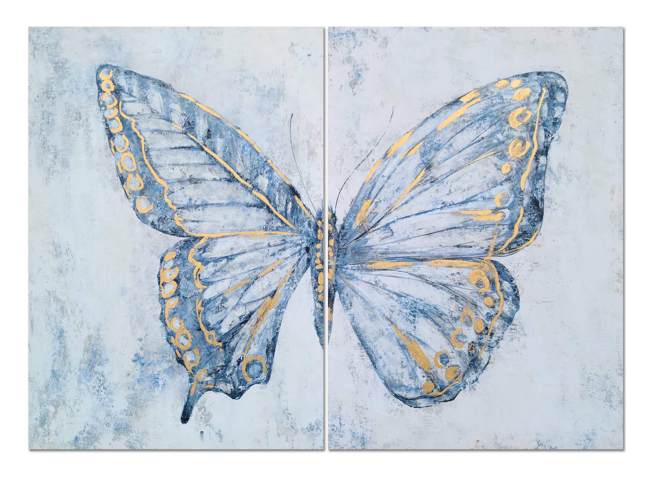 Hand Painted Blue & White Butterfly Canvas Wall Art Set of 2 - Modern Abstract Animal Paintings with Gold Foil Accents | Perfect for Living Room, Bedroom, Bathroom & Nursery Decor | Home & Office Wall Decorations