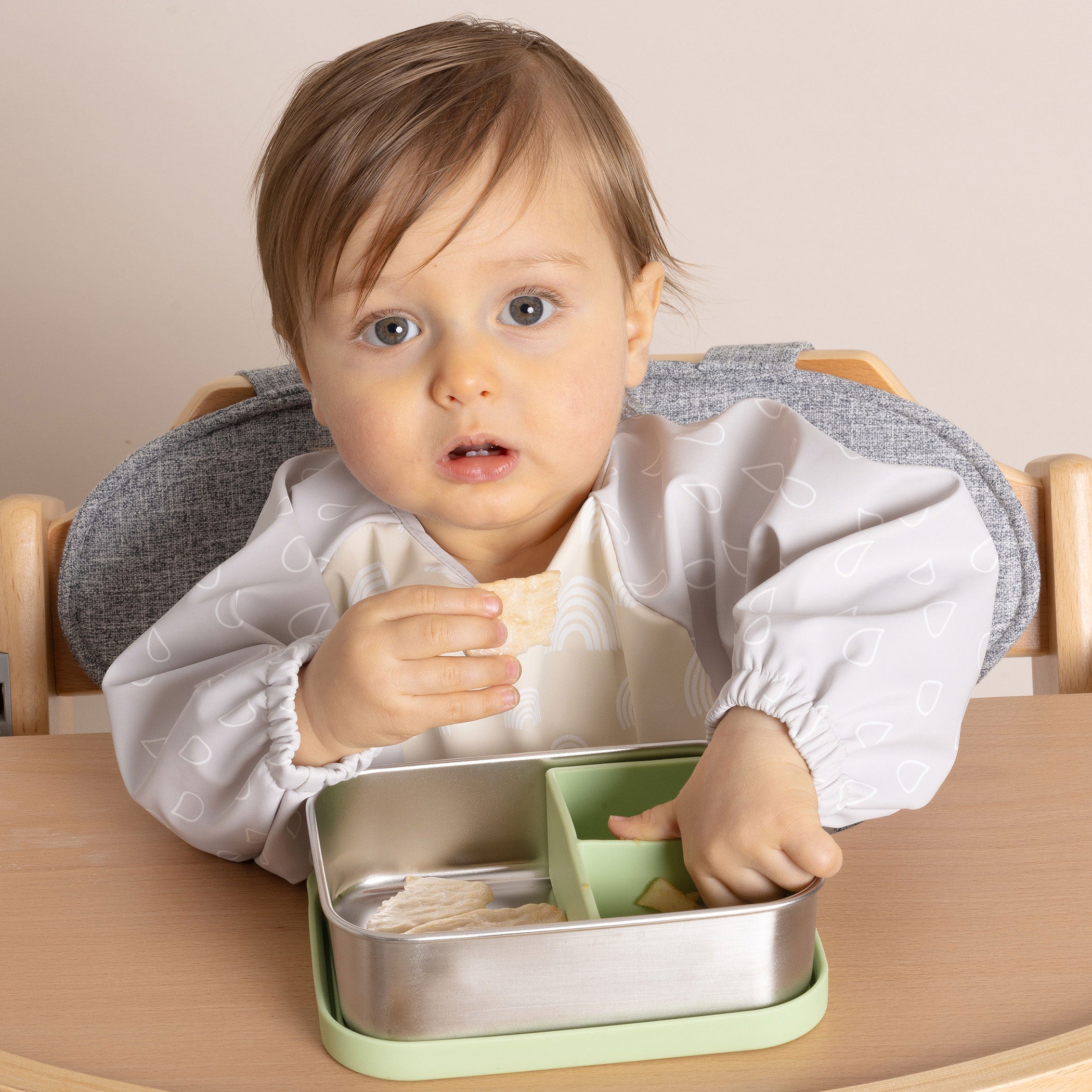 Nordic Smock Bib for Baby - Soft Grey & Sand Cotton Feeding Bib with Adjustable Straps - Perfect for Mealtime, Daycare, and Messy Play