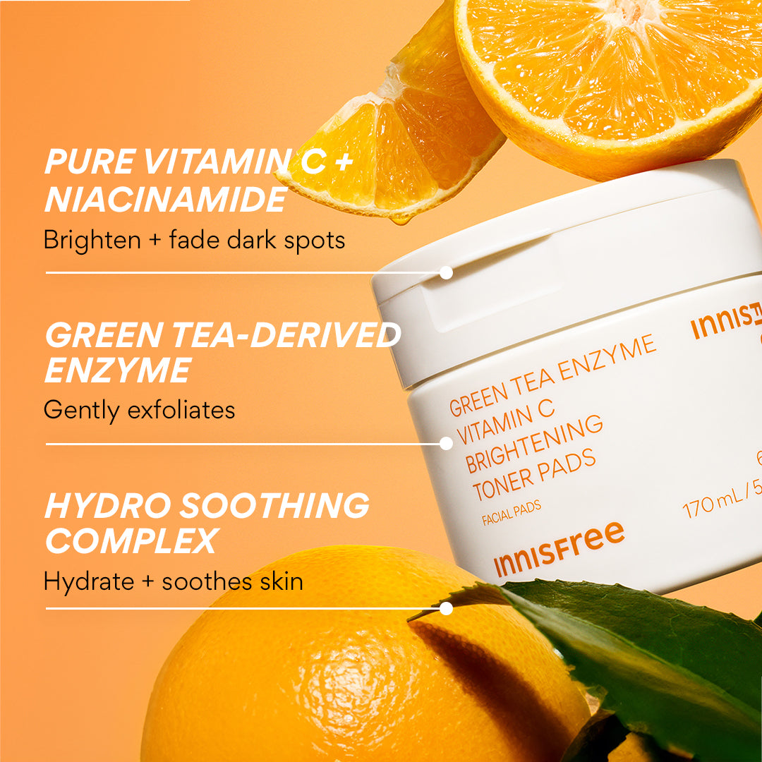 Brightening Green Tea Enzyme Vitamin C Toner Pads for Glowing Skin - Exfoliating & Hydrating Facial Treatment for Acne & Dark Spots - Perfect for Daily Skincare Routine & Travel