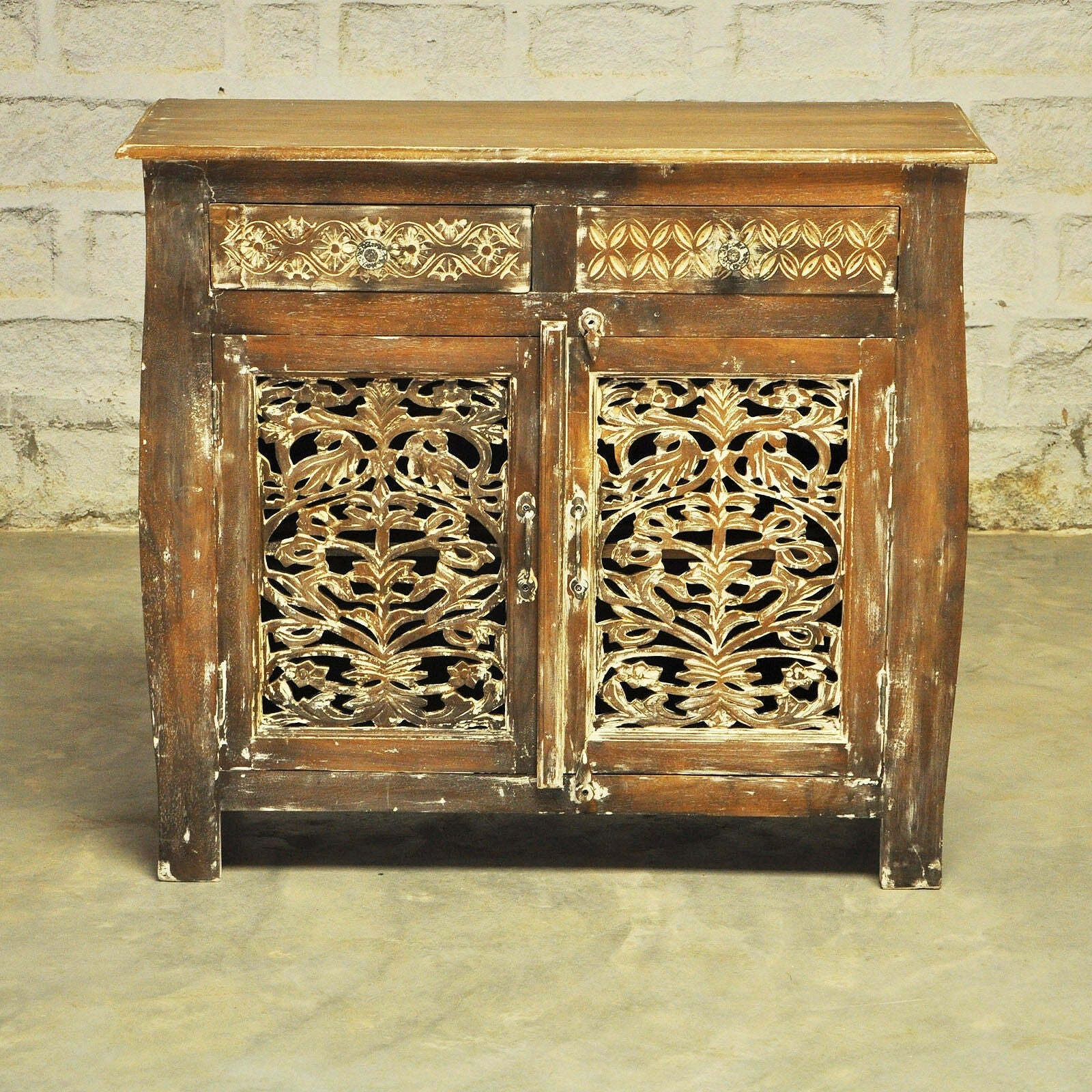 French Colonial Solid Wood Jali Carved Sideboard - Antique Brown Buffet Cabinet for Dining Room, Living Room & Entryway Storage