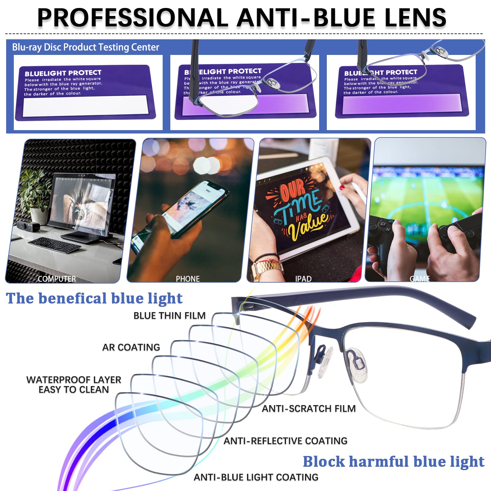 Blue Light Blocking Reading Glasses for Men - Progressive Multifocal Computer Glasses with Spring Hinge & Half Metal Frame - Perfect for Office Work, Screen Use, and Daily Reading