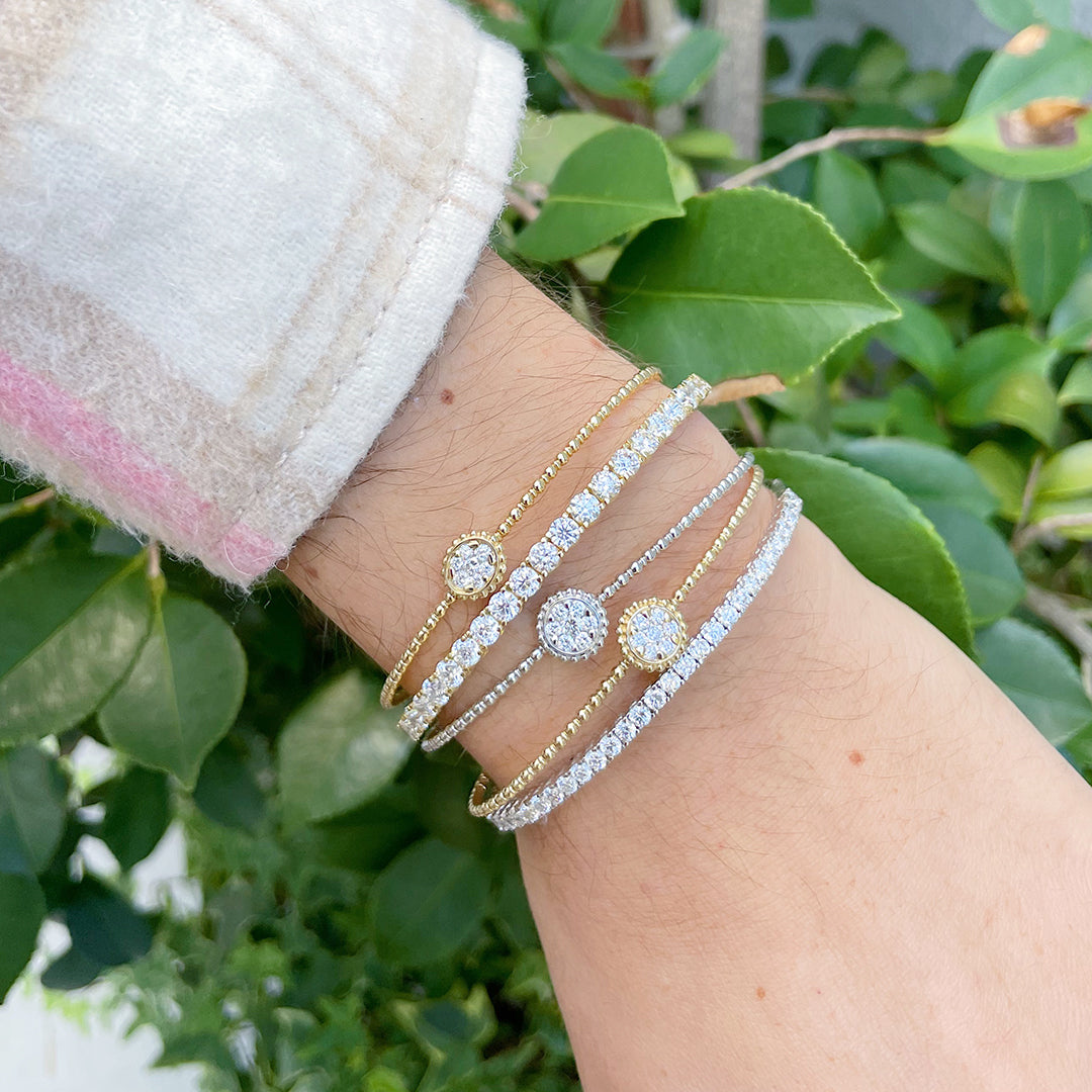 14K White Gold Diamond Cluster Round Station Flex Bangle Bracelet - Perfect for Weddings, Anniversaries & Special Occasions
