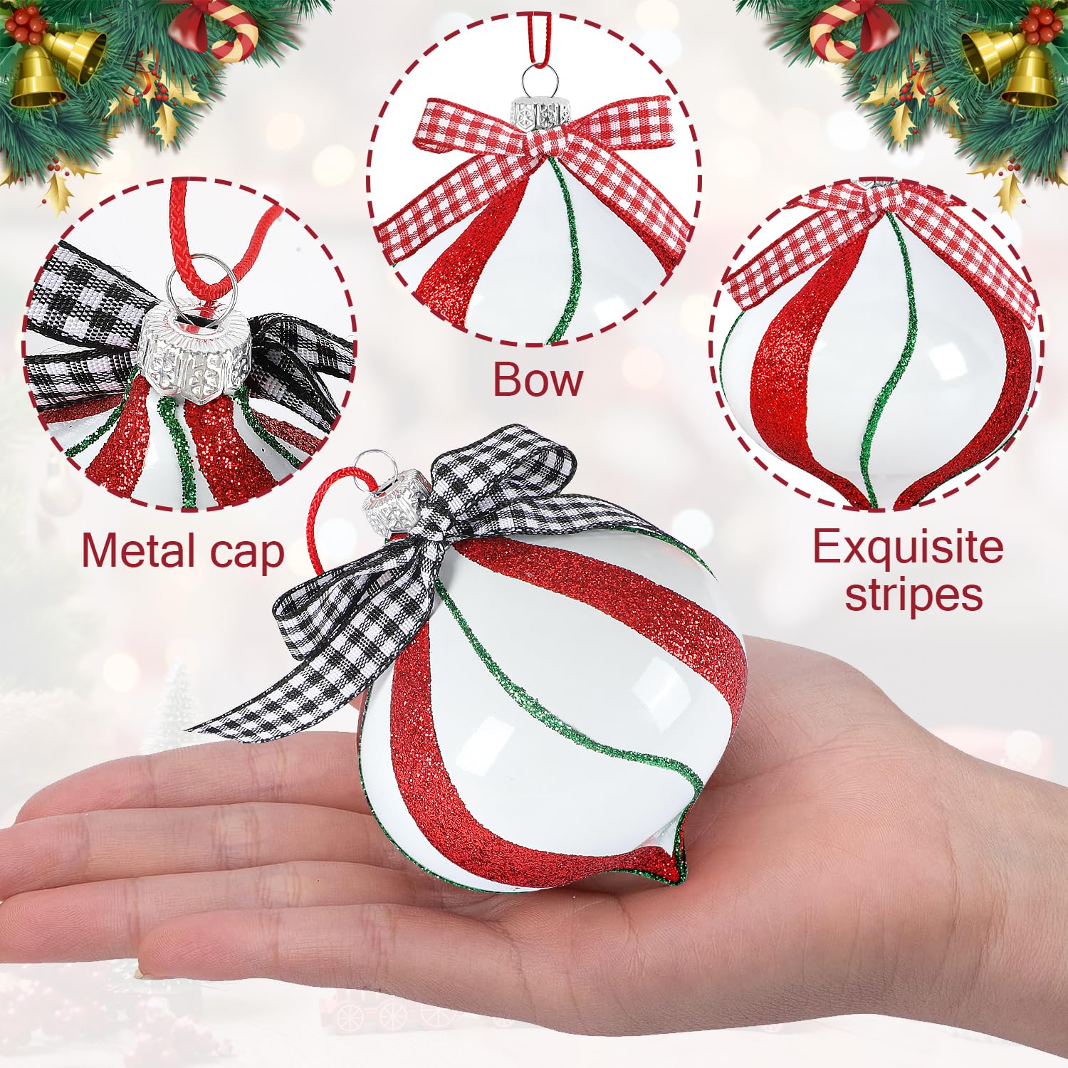12 Pcs Peppermint Candy Ornament Set - 3.5 x 2.7 Inch Christmas Tree Decorations, Candy Cane Balls for Holiday Party, Home & Xmas Tree Decor - Perfect for Christmas Gifts, Stocking Stuffers & Festive Decor