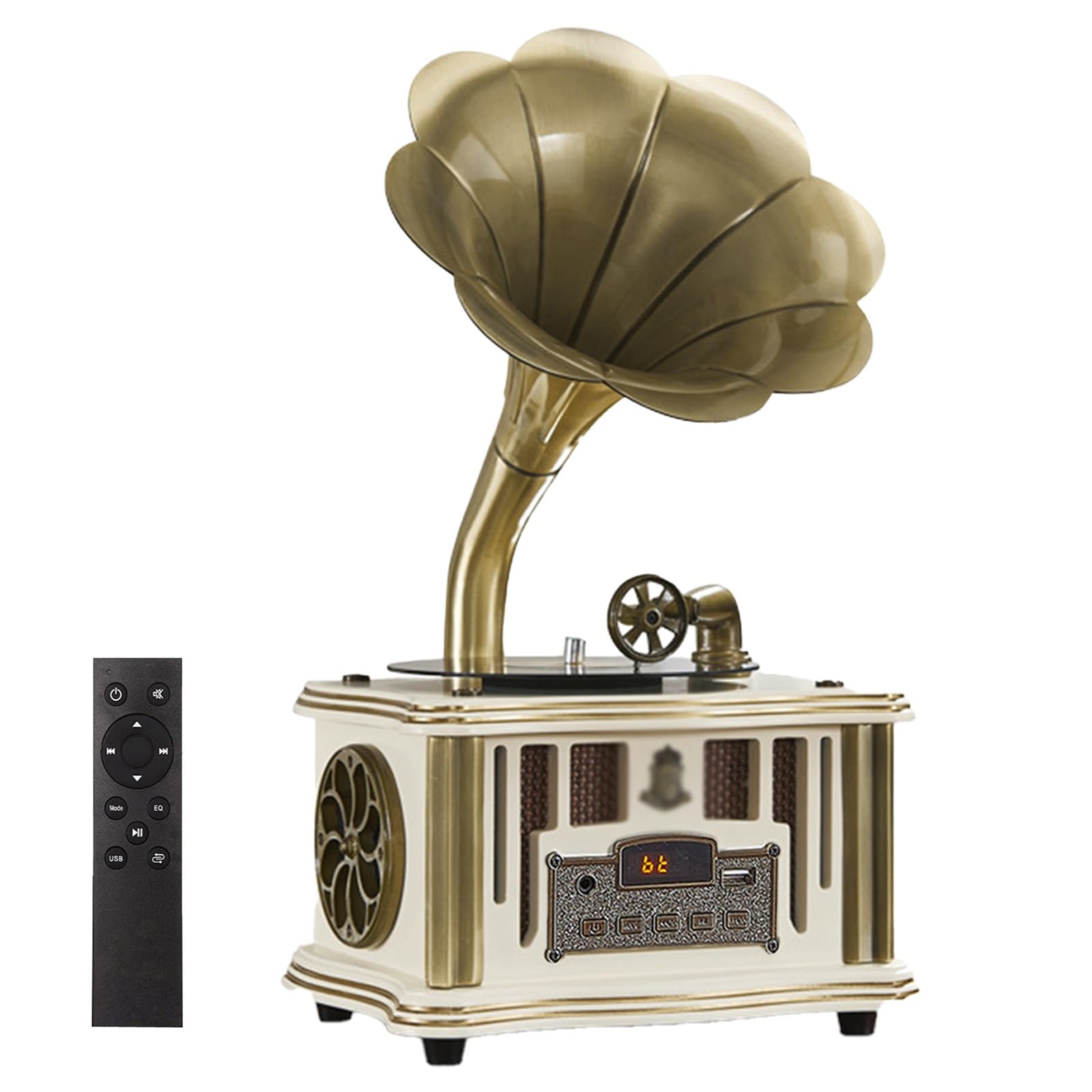 Vintage Retro Gramophone Bluetooth 5.1 Wireless Record Player - Mini Bronze Speaker with Remote Control, FM Radio, USB/AUX Input | Home Decor, Gift Idea & Party Entertainment (White)