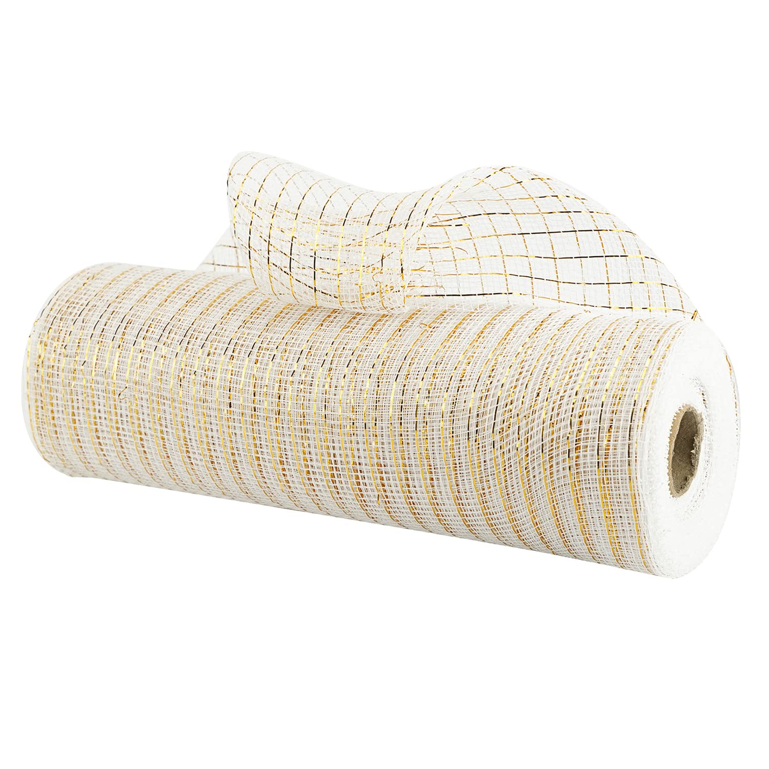 MEEDEE White and Gold Metallic Mesh Ribbon - 10 Inch Wide, 30 Feet Long - Decorative Mesh Roll for Wreath Making, Basket Decorations, DIY Crafts, and Holiday Home Decor