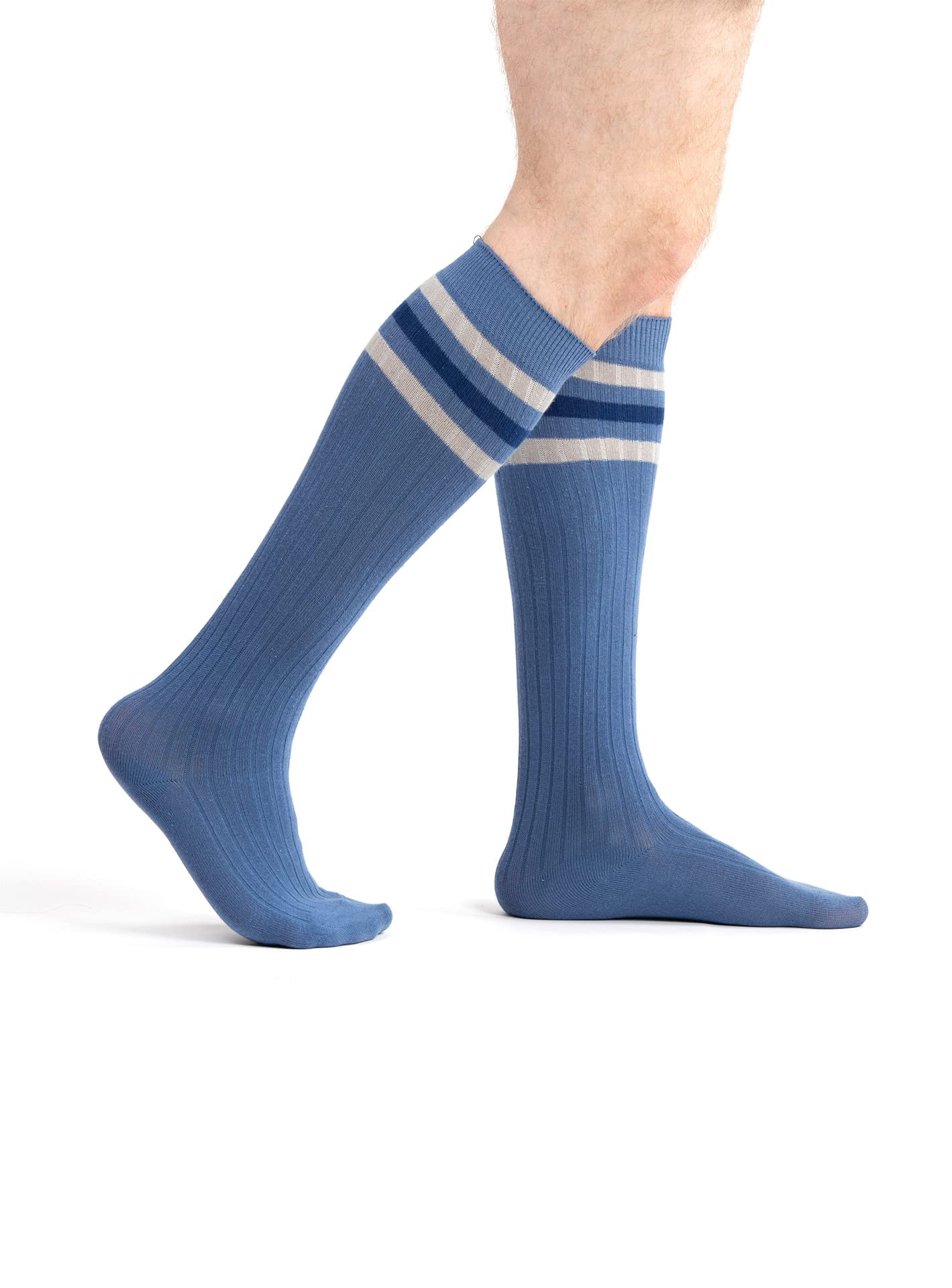 4 Pack Men's Knee High Cotton Striped Dress Socks - Over The Calf Formal Socks for Business & Office (Size 9-11) | Perfect for Work, Dress Shoes & Professional Occasions