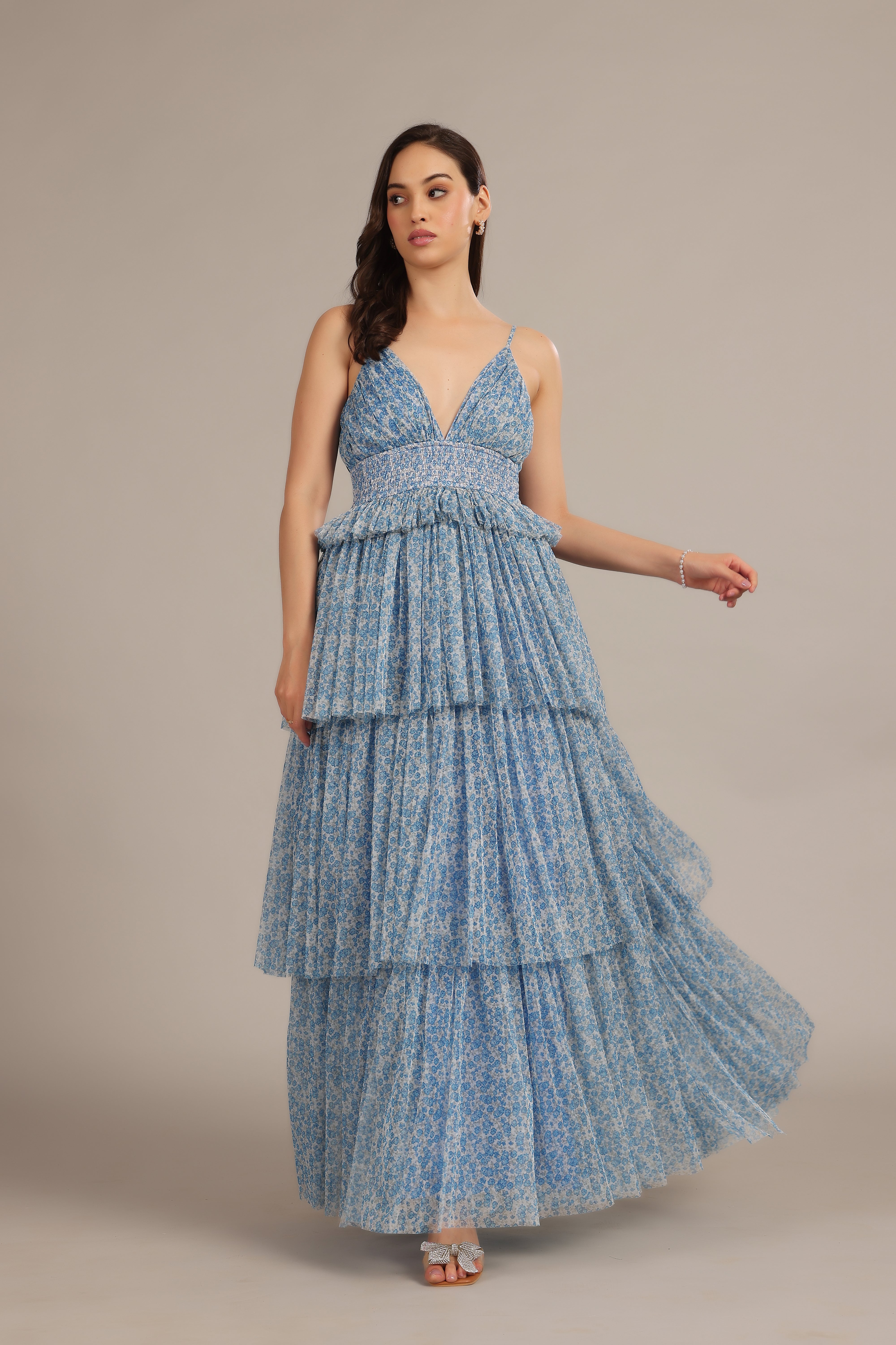 Rani Maxi Dress in Ditsy Blue Floral - Women's Boho Floral Print Long Dress for Summer, Beach, Vacation & Casual Wear