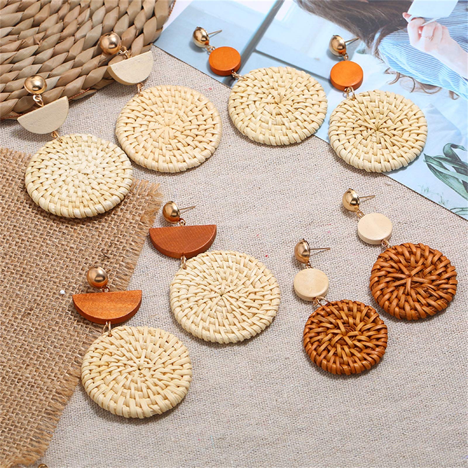 Handmade Bohemian Rattan Dangle Earrings for Women - Lightweight Geometric Drop Earrings, Handwoven Natural Fiber Jewelry | Perfect for Summer Outfits, Beach Vacations & Boho Fashion
