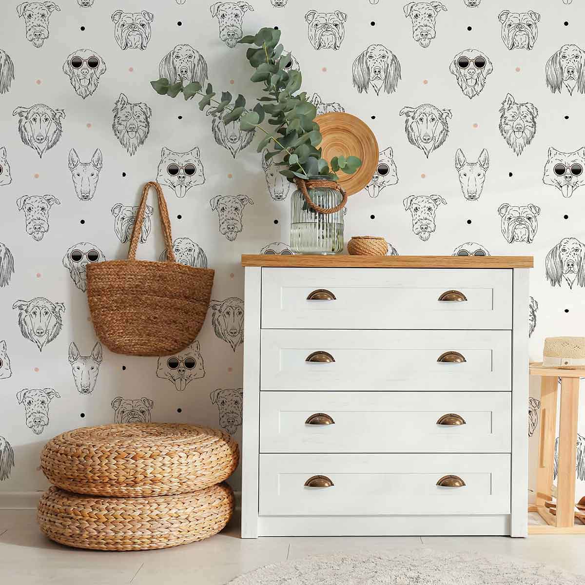 Black and White Dog Pattern Peel and Stick Removable Wallpaper - Self-Adhesive Pet Theme Wall Decal for Nursery, Bedroom, or Living Room Decor