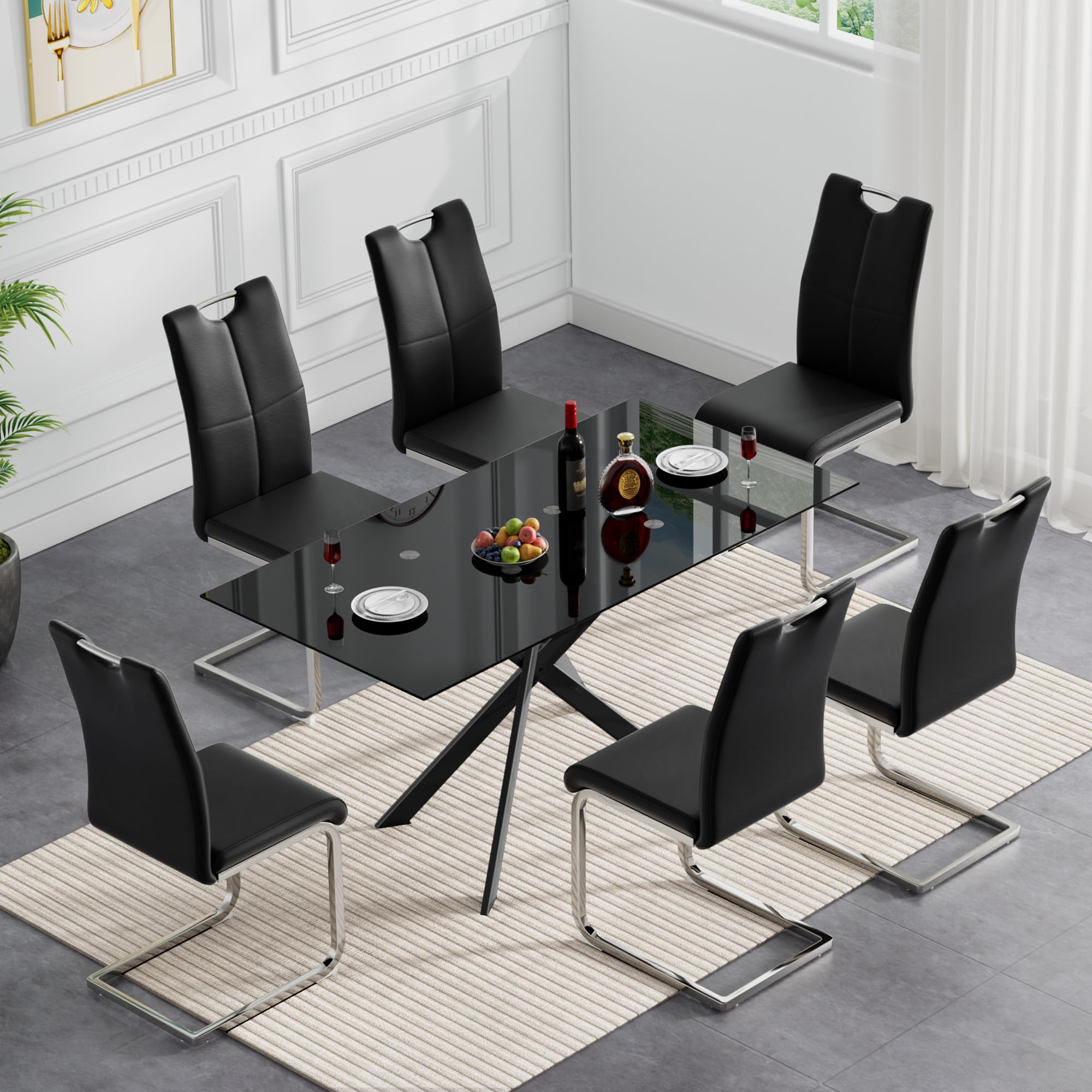 HomVent 7-Piece Modern Rectangular Glass Dining Table Set with 6 PU Chairs - Black Tempered Glass Kitchen Table for 6 - Perfect for Small Space Dining Rooms, Apartments & Contemporary Home Decor