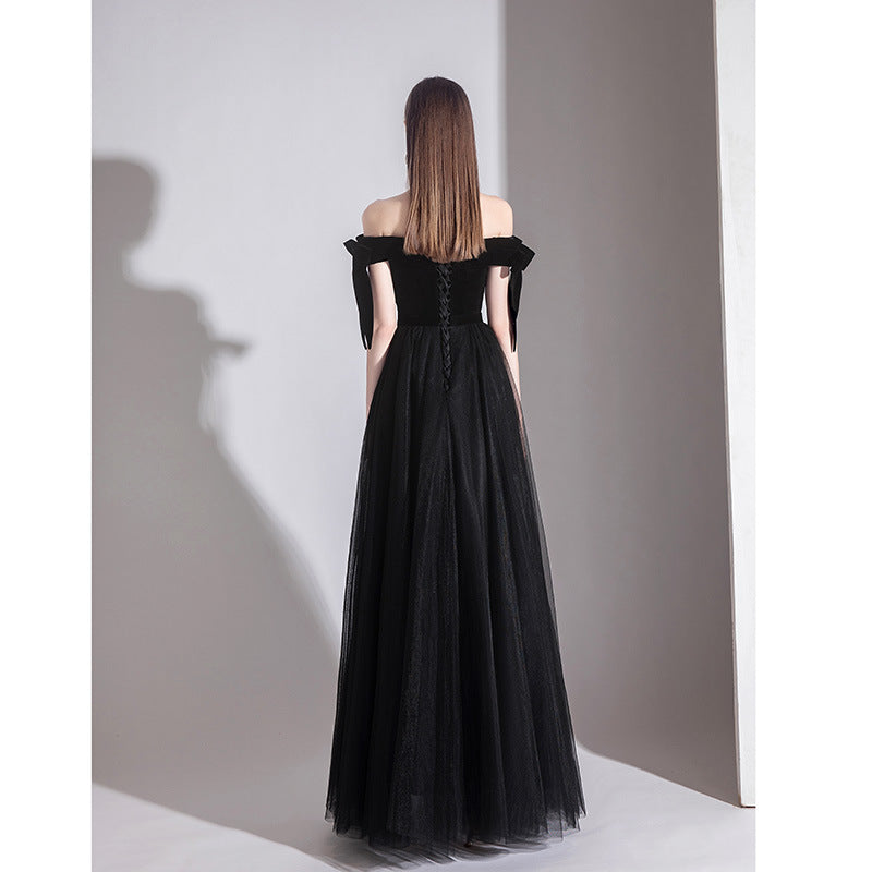 Elegant Off Shoulder Black Tulle Long Prom Dress for Formal Evening Gowns - Perfect for Homecoming, Prom Night, and Special Occasions