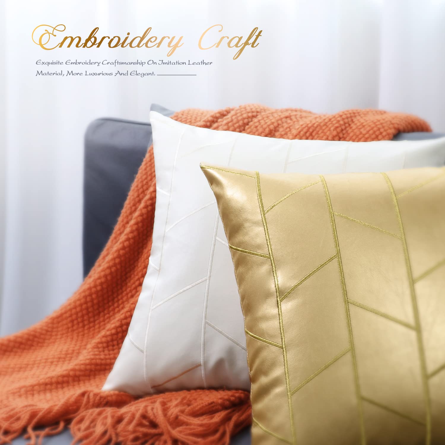 BRAWARM 16x16 Inch Faux Leather Pillow Covers Set of 2 - Gold Geometric Embroidery Decorative Throw Pillows for Living Room, Couch, Bed, Sofa | Luxury Home Decor Accent for Modern & Farmhouse Style Interiors