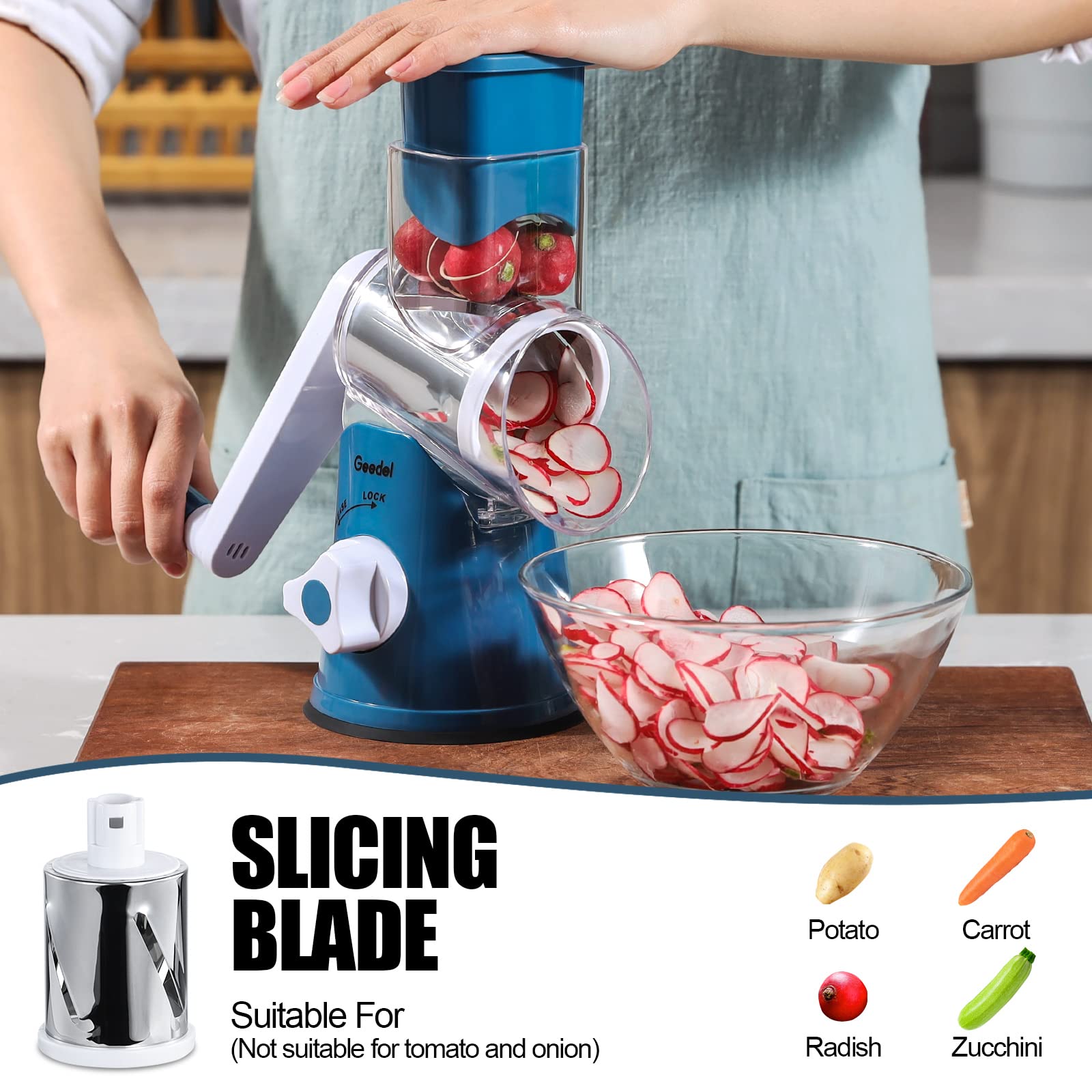 Geedel Rotary Cheese Grater & Vegetable Slicer - 3 Interchangeable Blades for Fruits, Nuts, Cheese | Easy Clean Kitchen Mandoline | Perfect for Salads, Pasta Garnish & Meal Prep