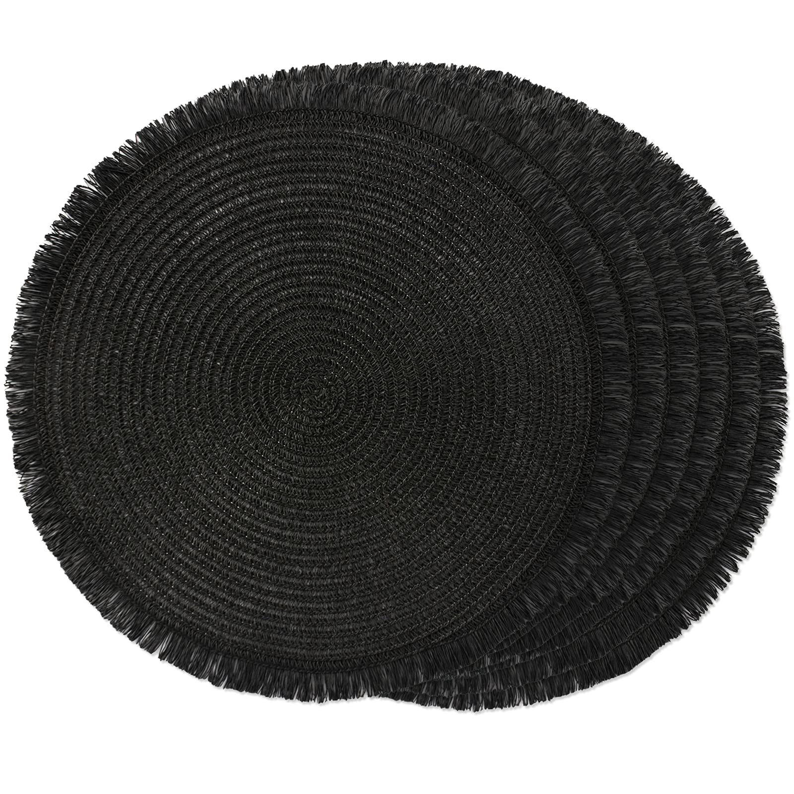 Eco-Friendly Round Braided Placemats Set of 6 - 15 Inch Heat Resistant Woven Table Mats for Dining, Farmhouse Decor - Natural Jute Placemats with Tassel (Black) | Perfect for Dinner Parties, Holiday Gatherings & Home Styling